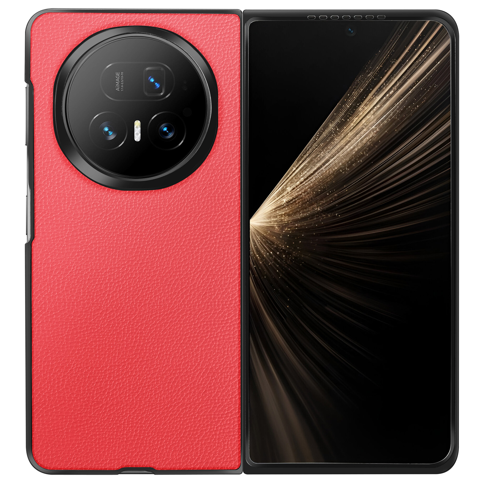 Un téléphone rouge pliable, ouvert vers la droite. L'arrière a un grand module caméra. L'écran affiche un effet de lumière dorée.