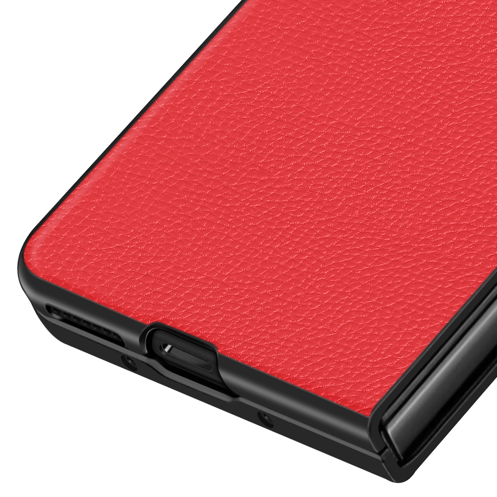 Gros plan sur une coque de téléphone rouge texturée avec bord noir, coin visible, sur fond blanc.