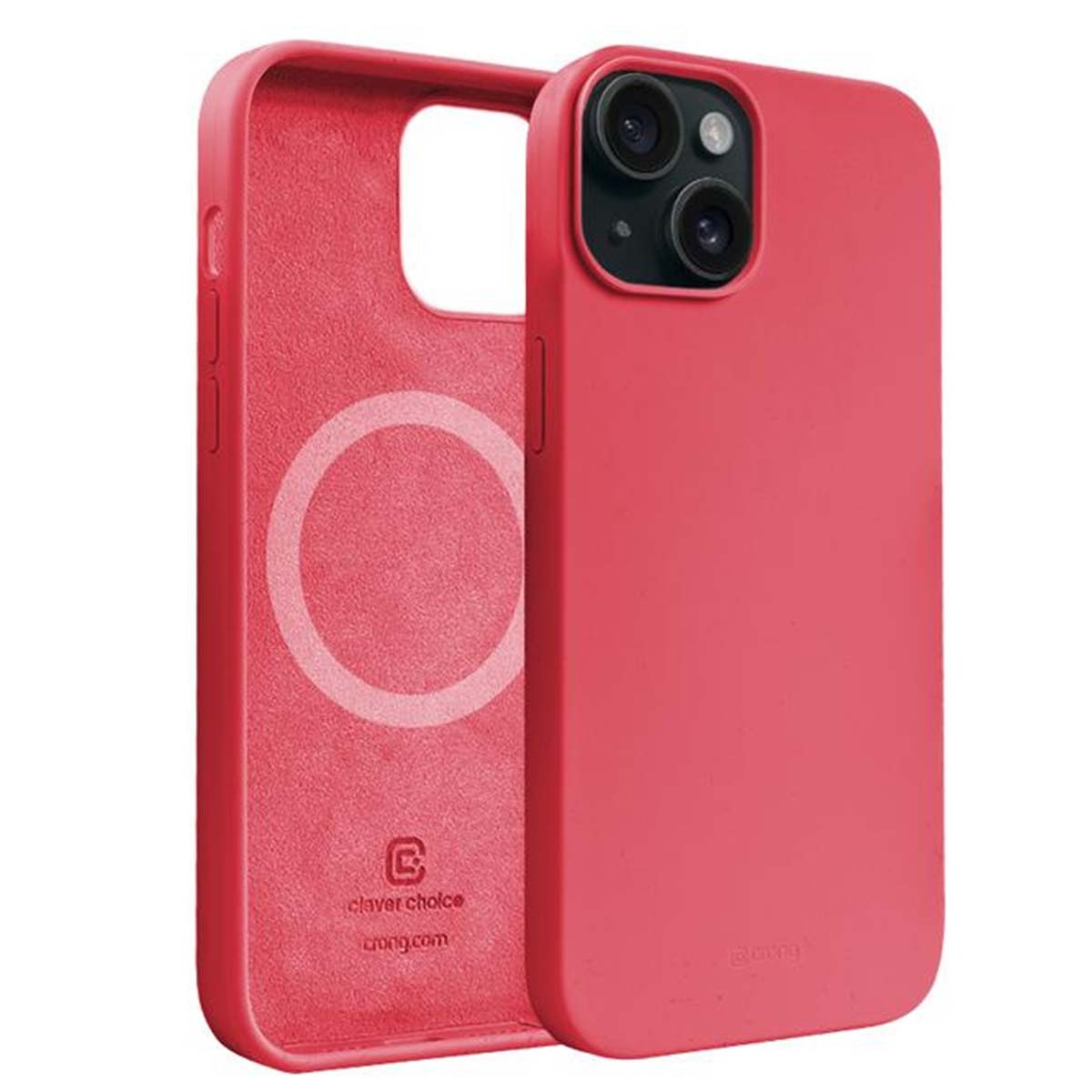Due custodie rosse per telefono. Una aperta, che rivela l'interno, e l'altra chiusa. Quella chiusa ha un ritaglio per la fotocamera.