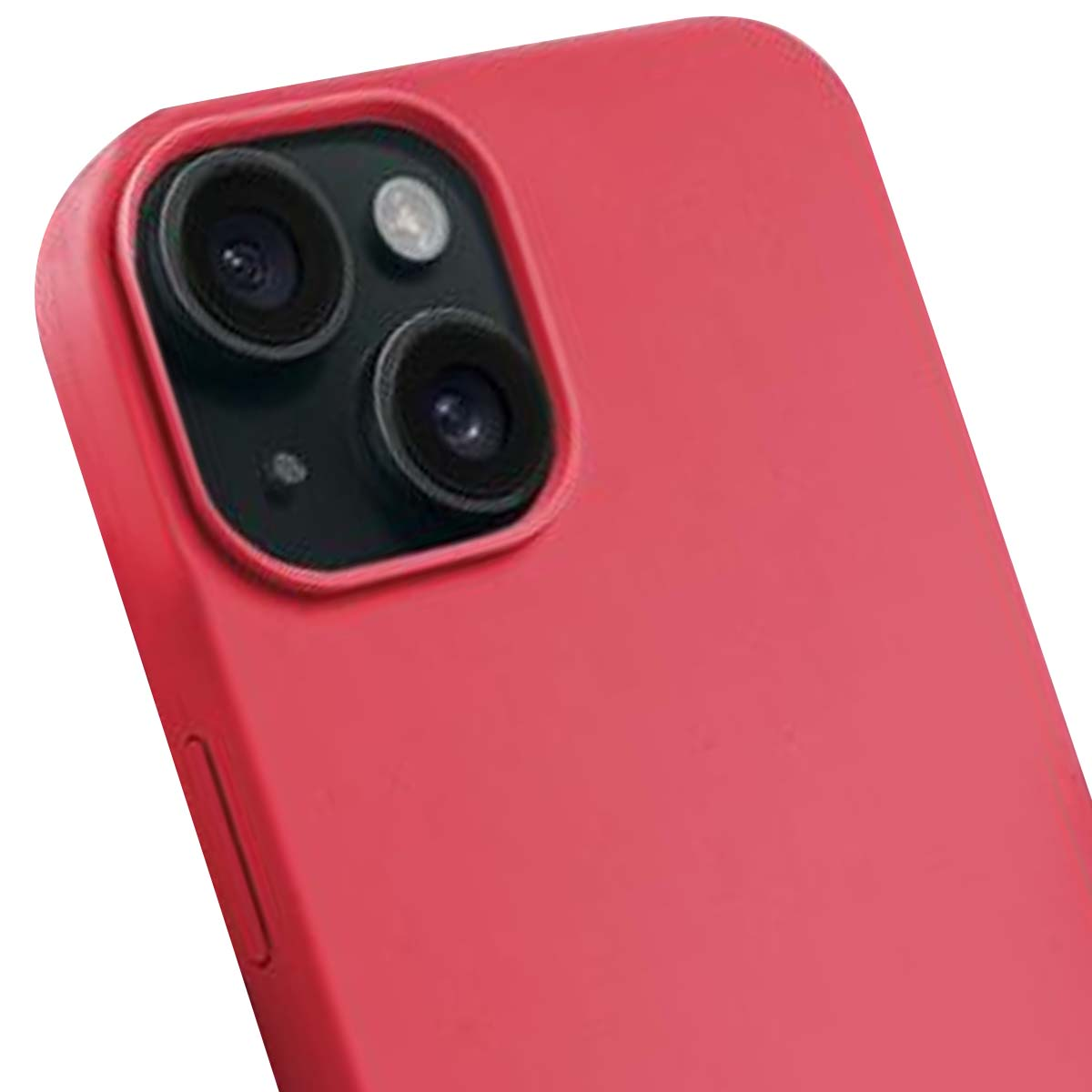 Primo piano di una custodia rossa per telefono con un modulo fotocamera. Il modulo ha tre obiettivi e un flash. La custodia è liscia.