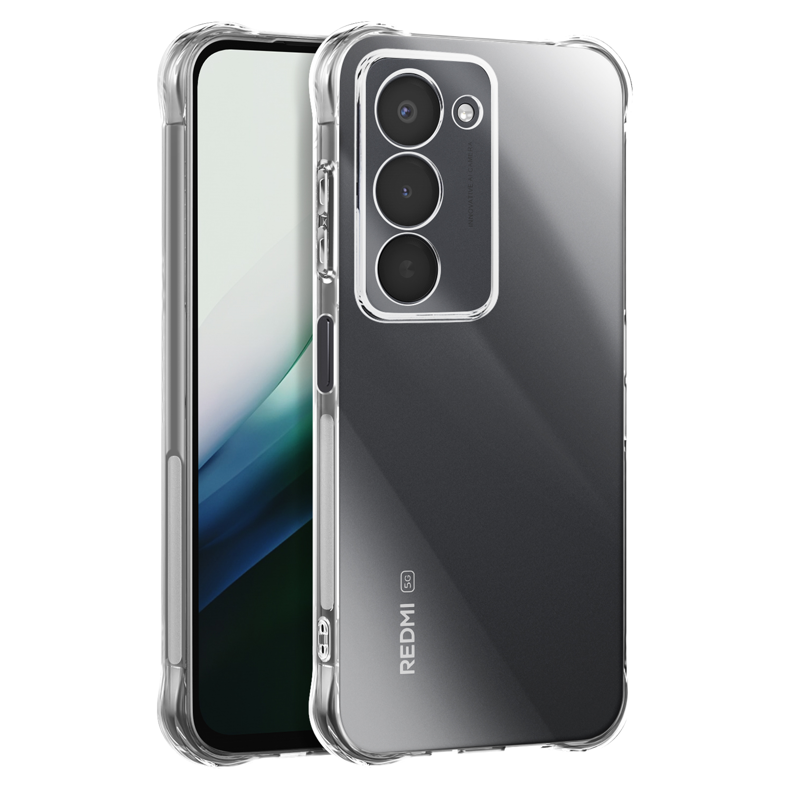 Eine transparente Handyhülle auf einem Smartphone. Das Telefon hat eine Dreifachkamera und einen Bildschirmschutz.