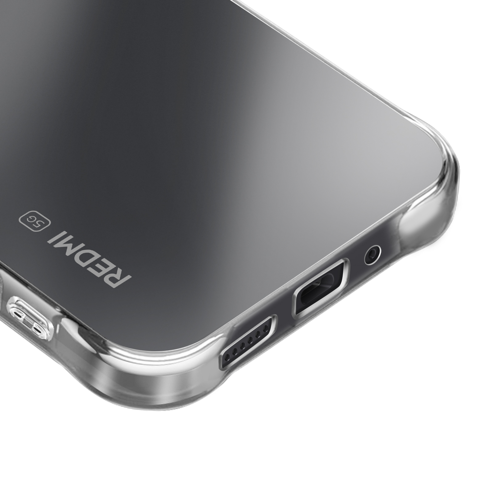 Transparente Handyhülle mit einem Redmi 5G-Telefon darin. Die Hülle hat Aussparungen für Anschlüsse und Tasten. Der Hintergrund ist weiß.