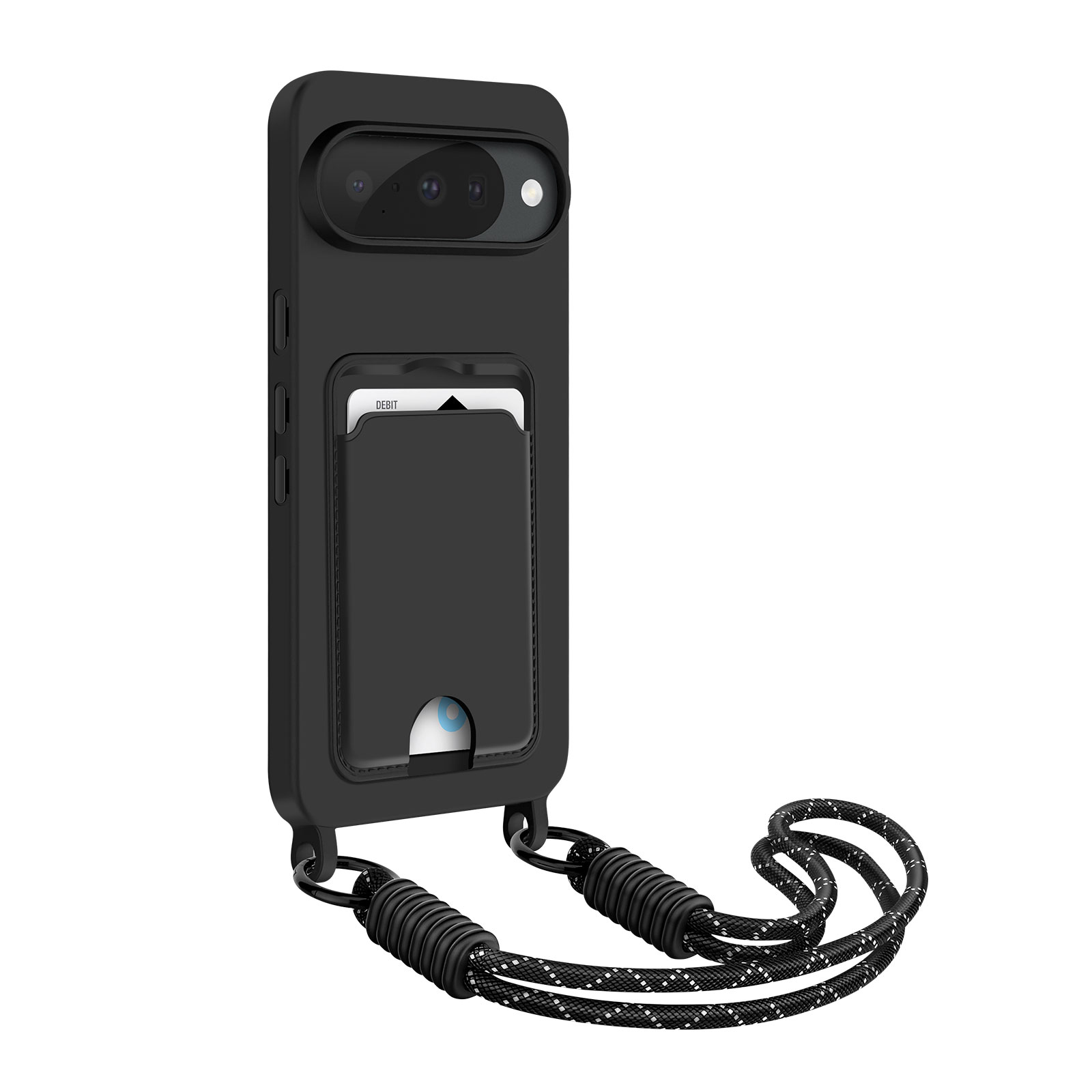 Zwarte telefoonhoes met kaartsleuf en koord. De hoes heeft een bankpas, het koord is zwart-wit.