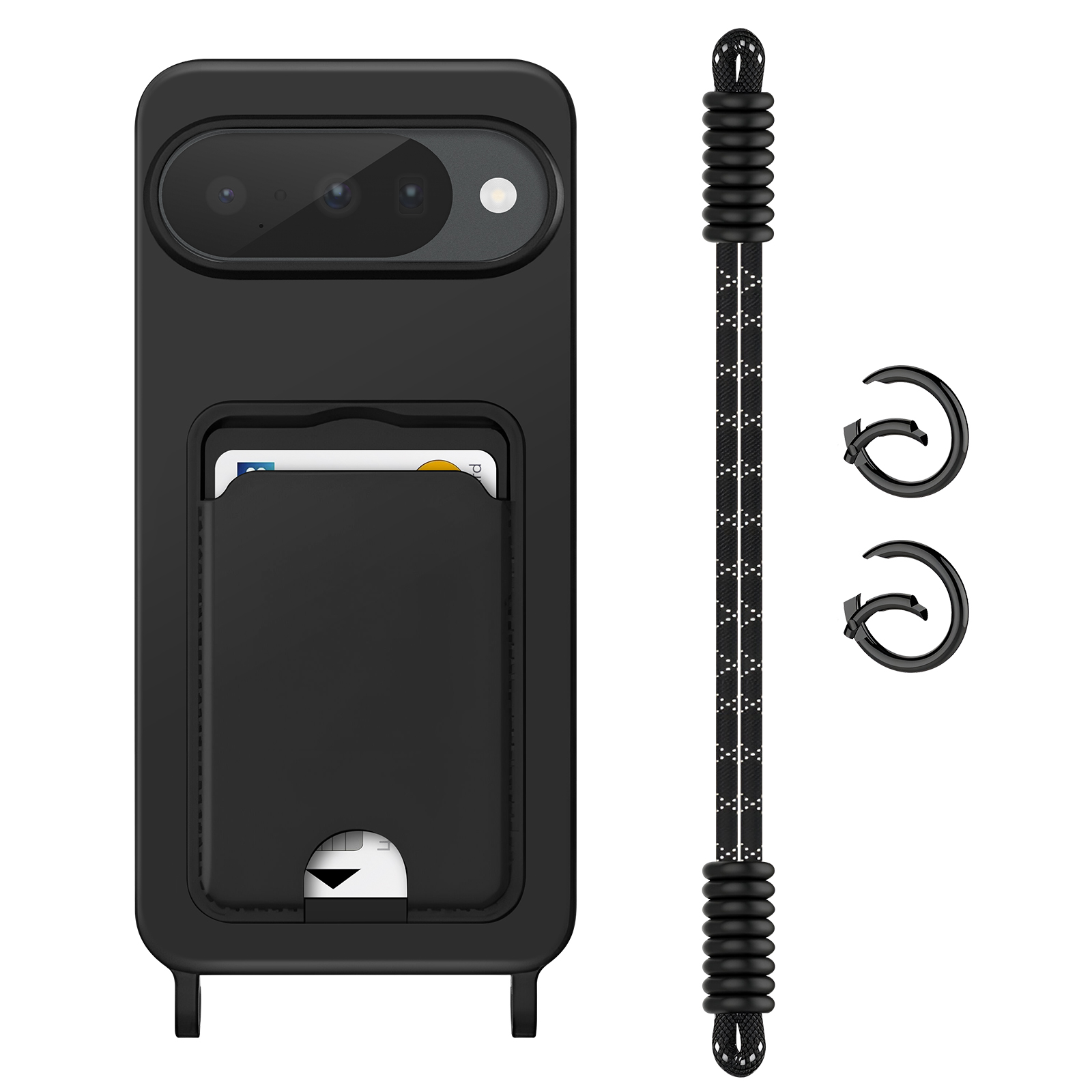 Zwarte telefoonhoes met kaartsleuf, cameralenzen en een zwarte riem. Inclusief twee zwarte haken en een zwart-wit touw.