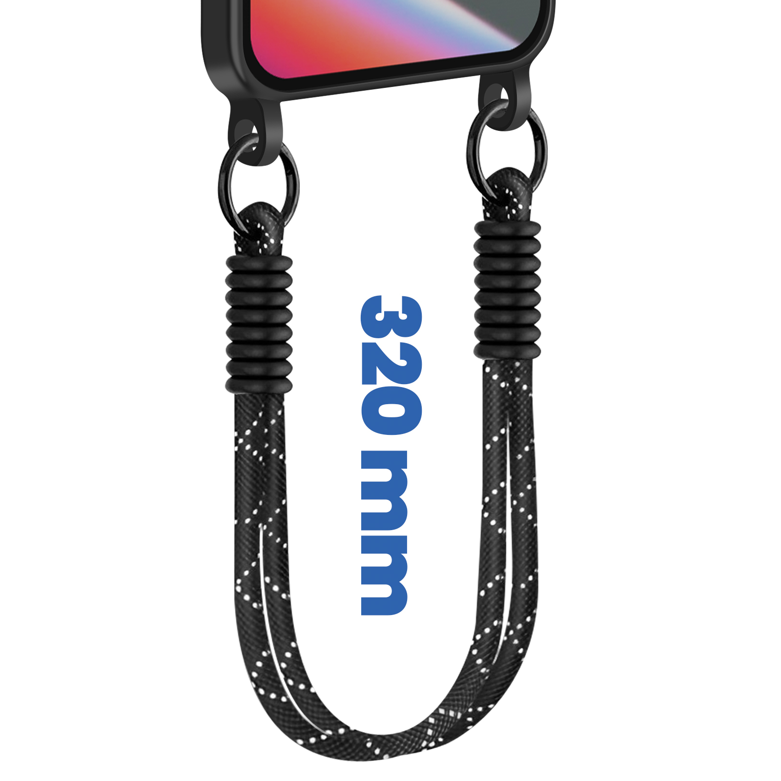 Een telefoonhoesje met een zwarte band. De band is zwart met witte stippen en is gelabeld met 320 mm.