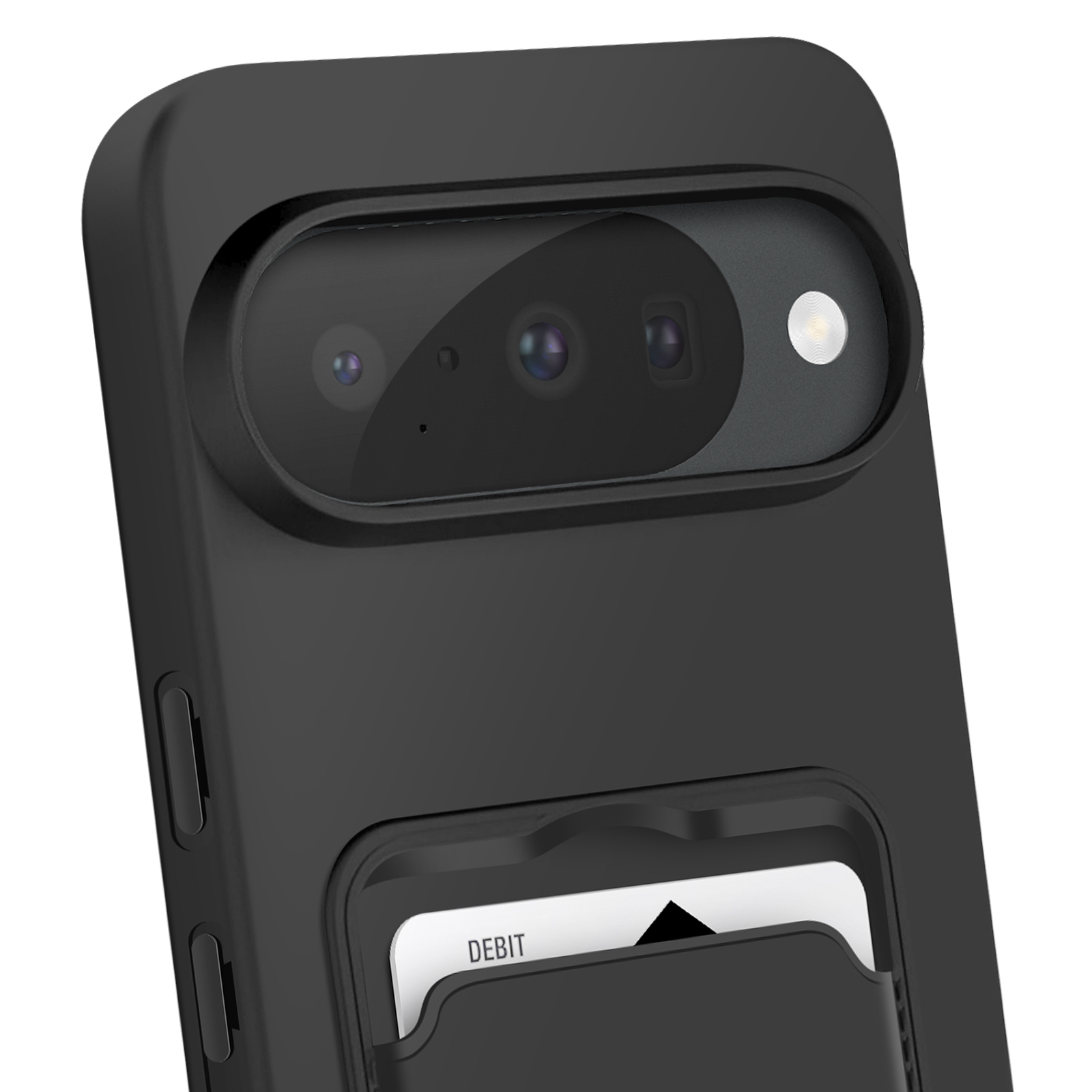 Een zwarte telefoonhoes met camera, flitser en een kaartsleuf met een 'DEBIT'-kaart.