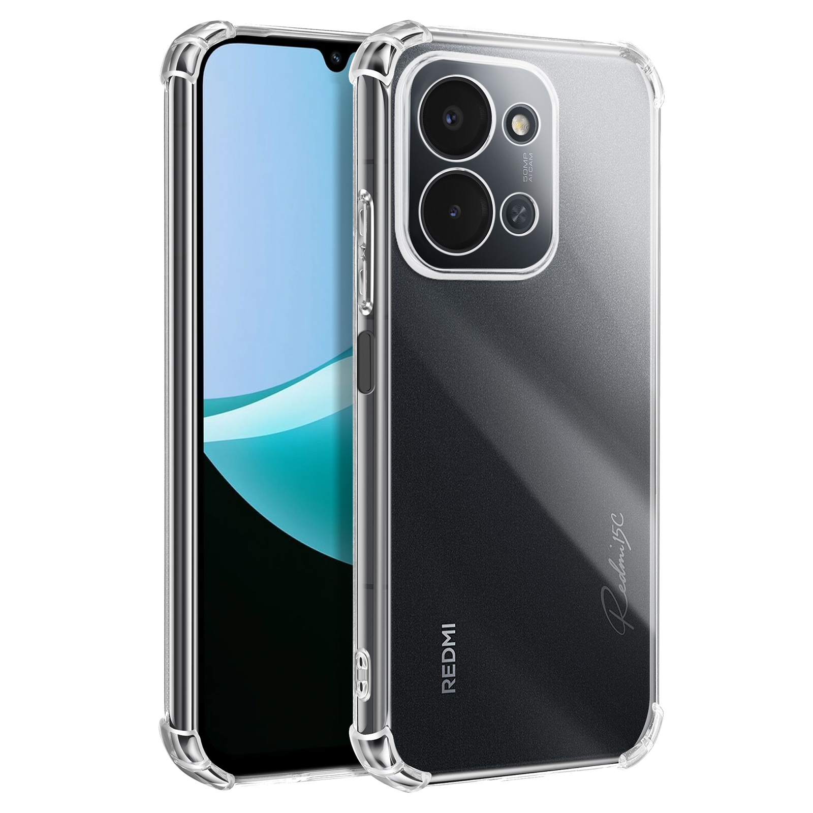 Eine transparente Handyhülle schützt ein schwarzes Redmi 15C. Das Telefon hat einen Bildschirm, eine Kamera und einen klaren Stoßfänger.