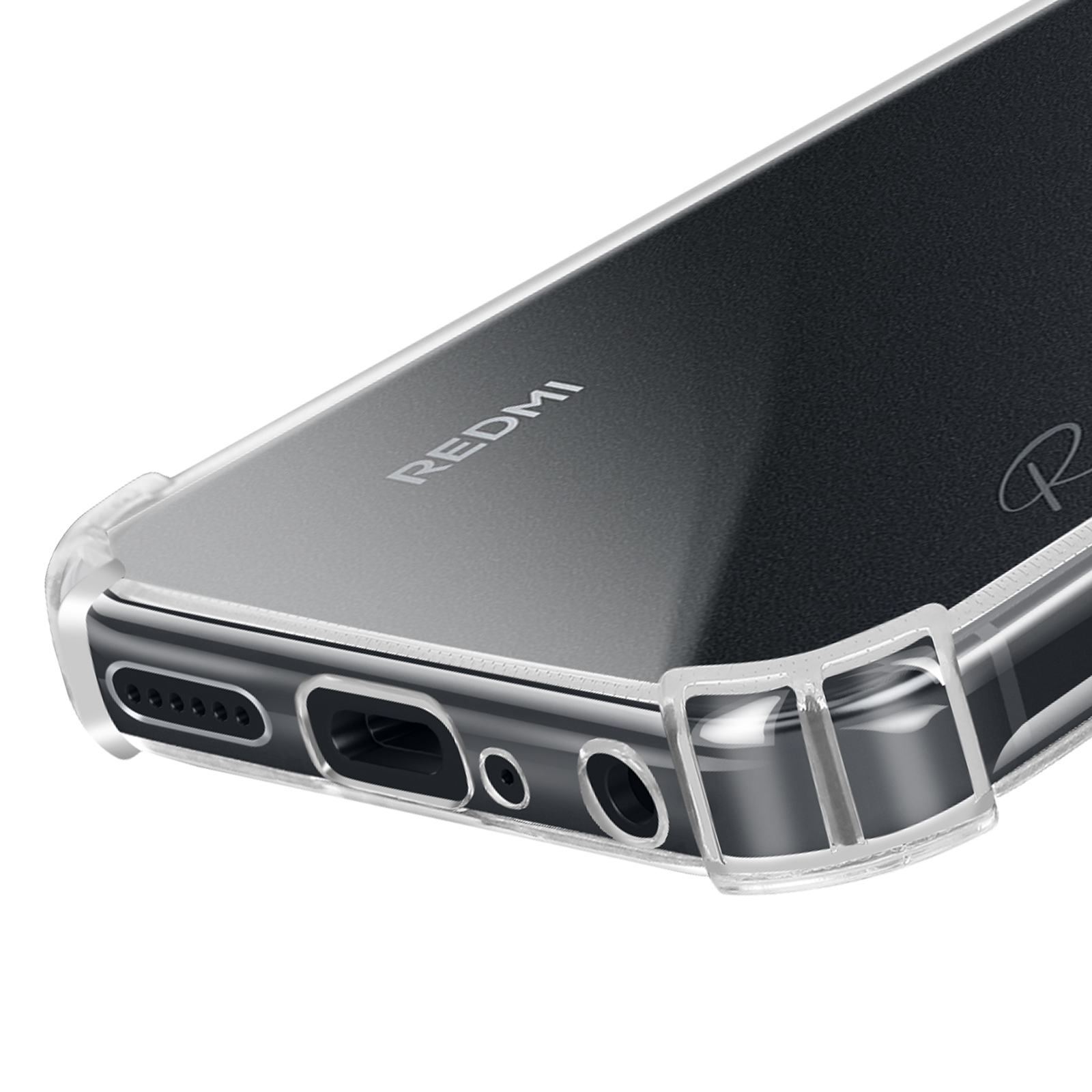 Eine transparente Handyhülle mit dem Redmi-Logo. Der Boden des Telefons hat Anschlüsse und Löcher. Die Hülle schützt das Telefon.
