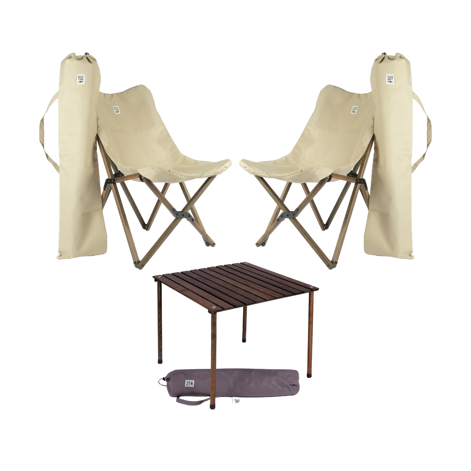 BAG THE JOY Ahşap 70x70x55 Antrasit Katlanır Çantalı Kamp Masa Sandalye Seti Bej