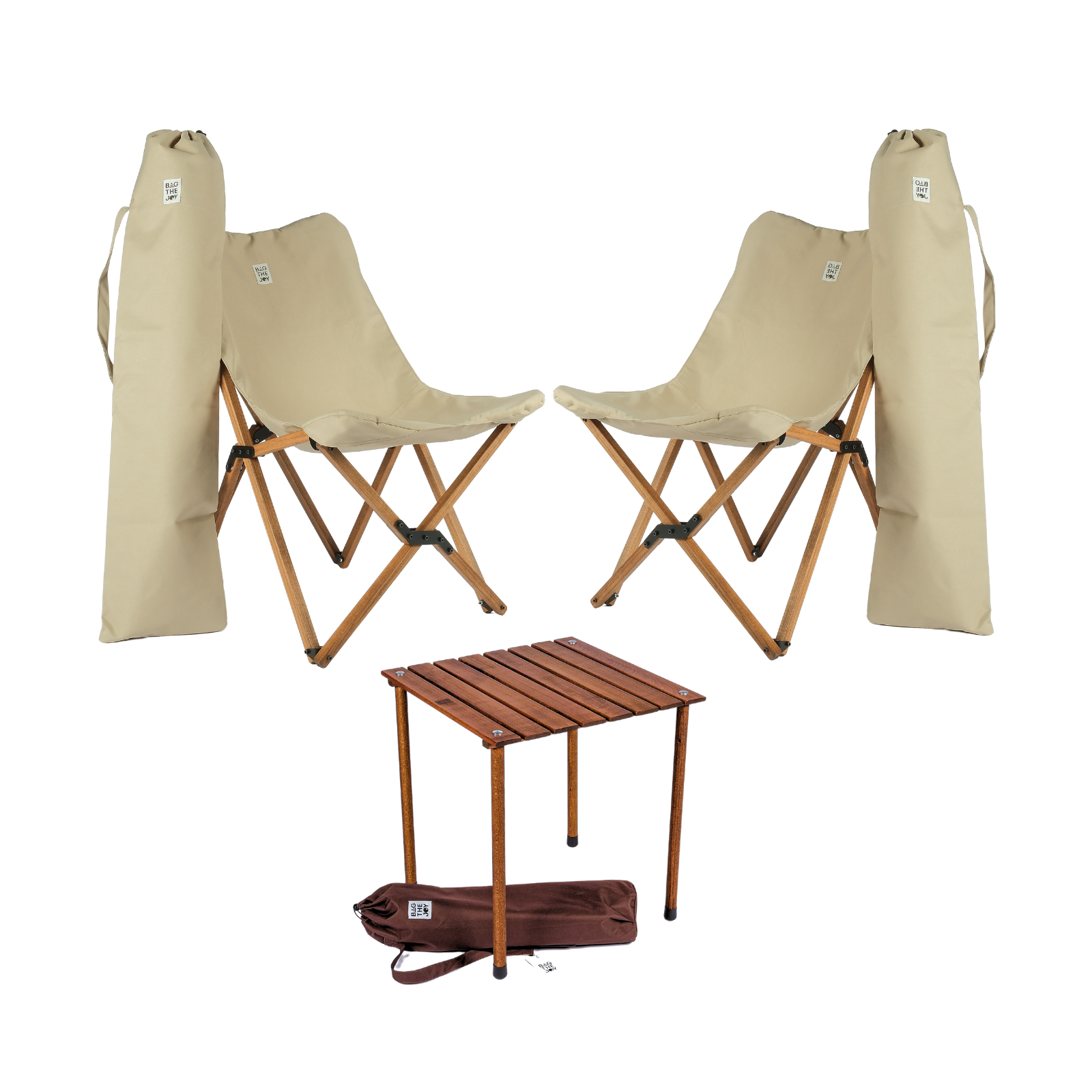 BAG THE JOY Ahşap 50x50x50 Kahverengi Katlanır Çantalı Kamp Masa Sandalye Seti Bej