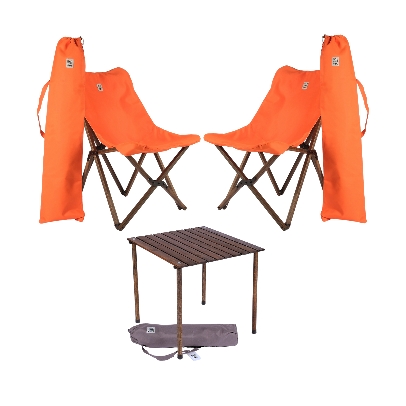 BAG THE JOY Ahşap 50x50x50 Antrasit Katlanır Çantalı Kamp Masa Sandalye Seti Turuncu
