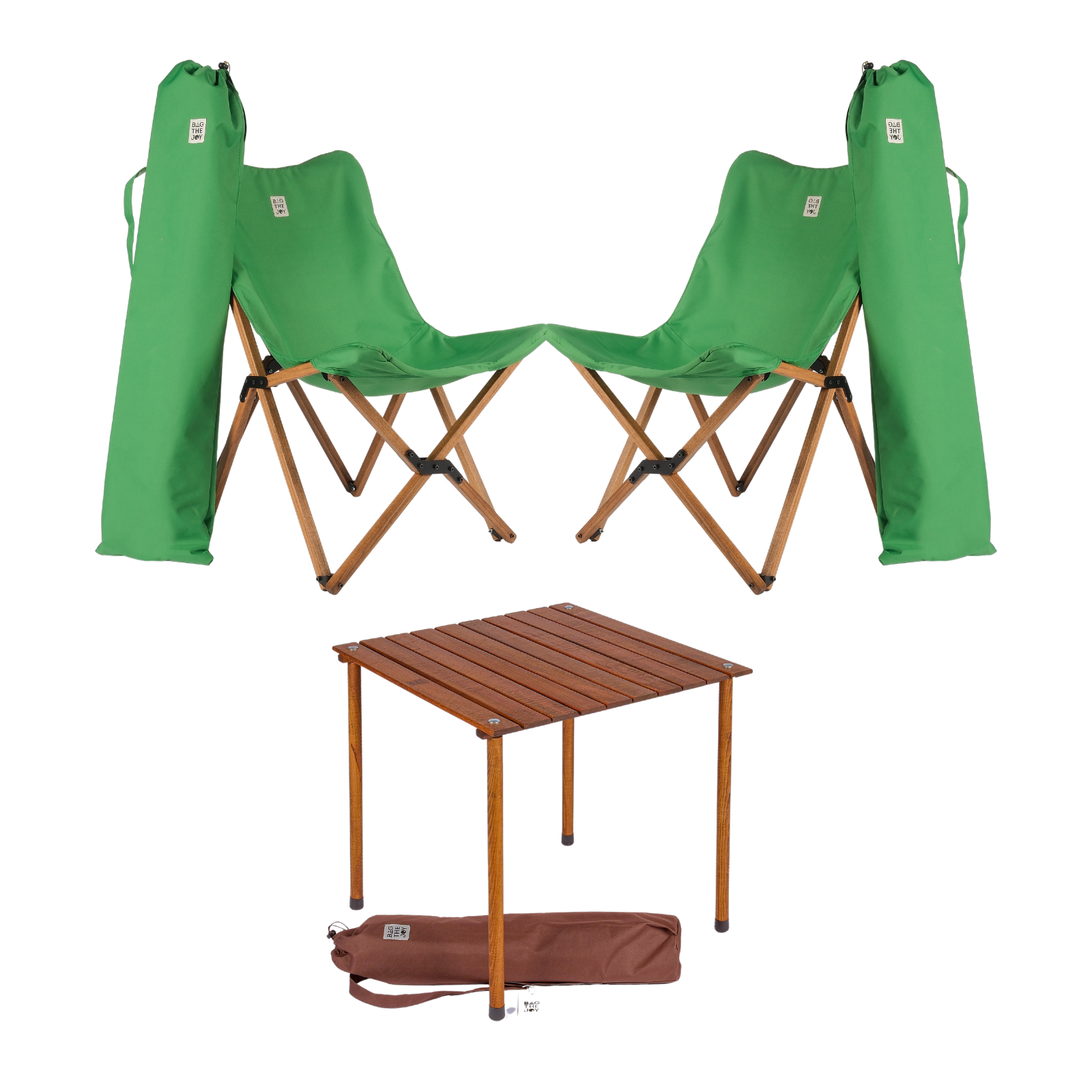 BAG THE JOY Ahşap 60x60x55 Kahverengi Katlanır Çantalı Kamp Masa Sandalye Seti Yeşil
