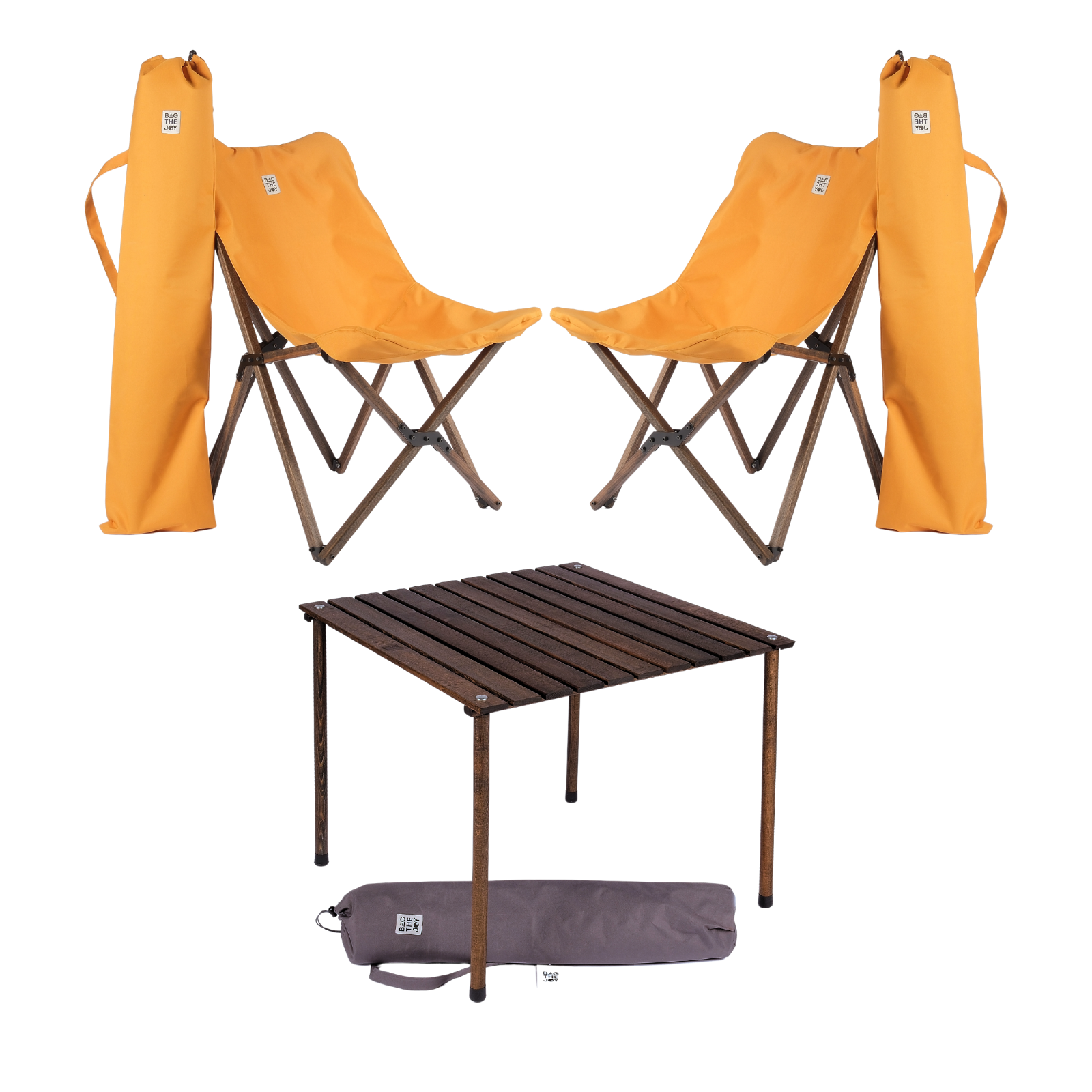 BAG THE JOY Ahşap 70x70x55 Antrasit Katlanır Çantalı Kamp Masa Sandalye Seti Hardal