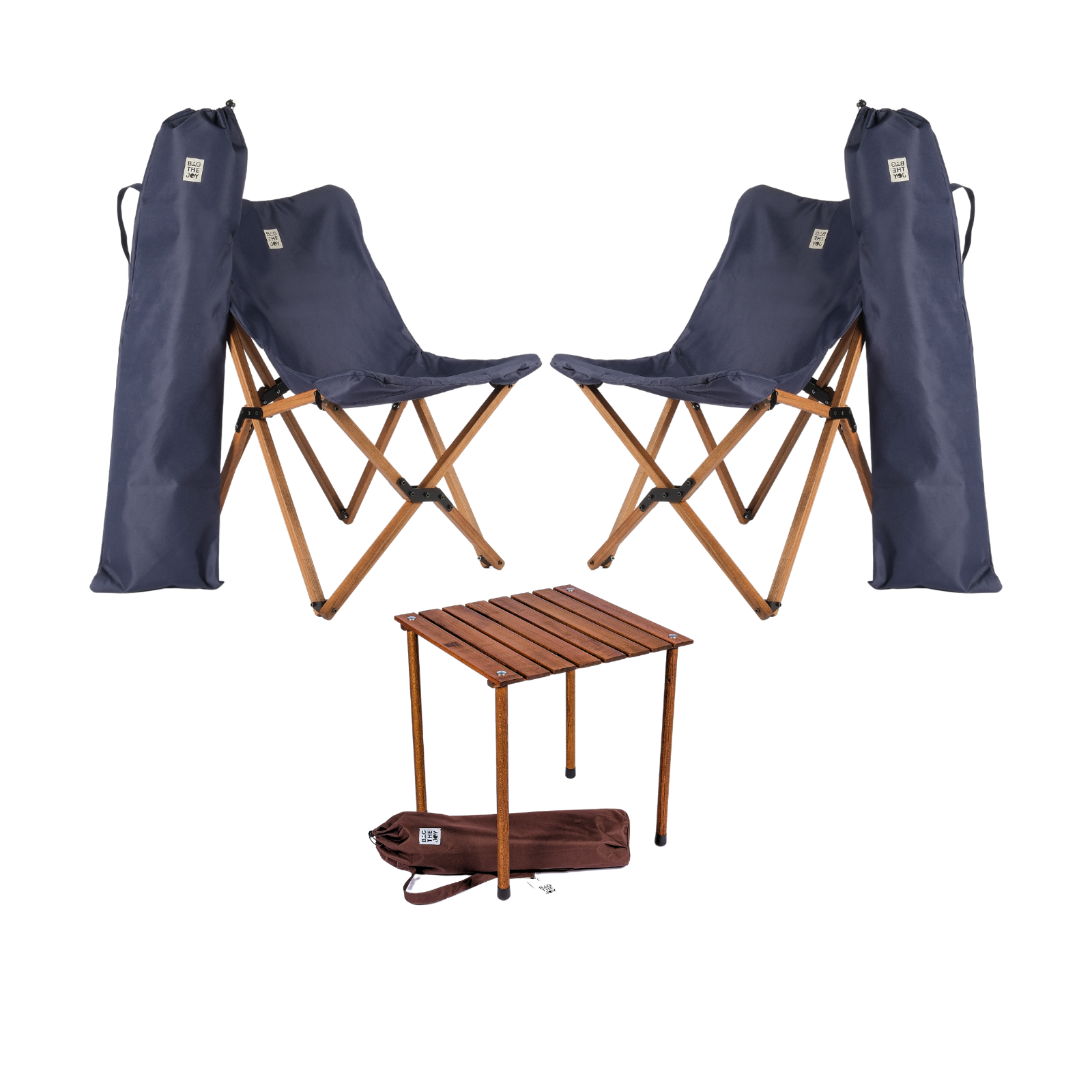 BAG THE JOY Ahşap 50x50x50 Kahverengi Katlanır Çantalı Kamp Masa Sandalye Seti Lacivert