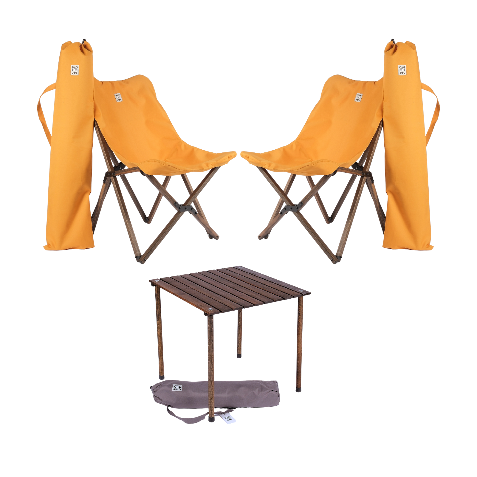 BAG THE JOY Ahşap 50x50x50 Antrasit Katlanır Çantalı Kamp Masa Sandalye Seti Hardal