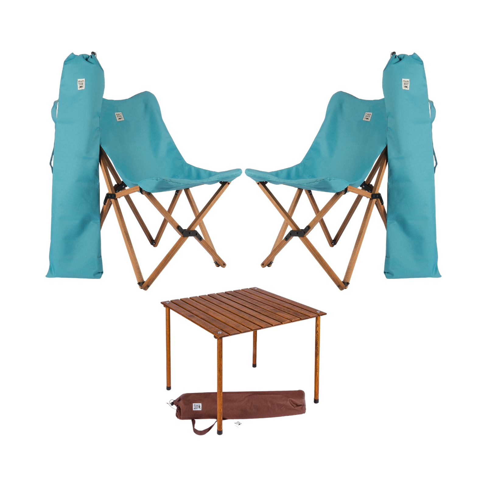 BAG THE JOY Ahşap 70x70x55 Kahverengi Katlanır Çantalı Kamp Masa Sandalye Seti Turkuaz