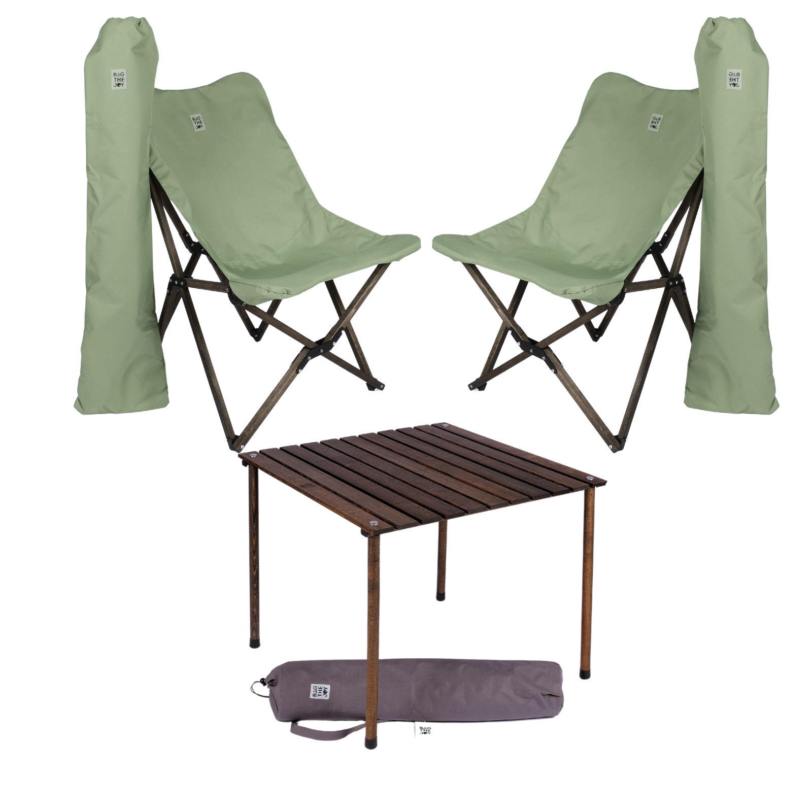 BAG THE JOY Ahşap 70x70x55 Antrasit Katlanır Çantalı Kamp Masa Sandalye Seti Su Yeşili