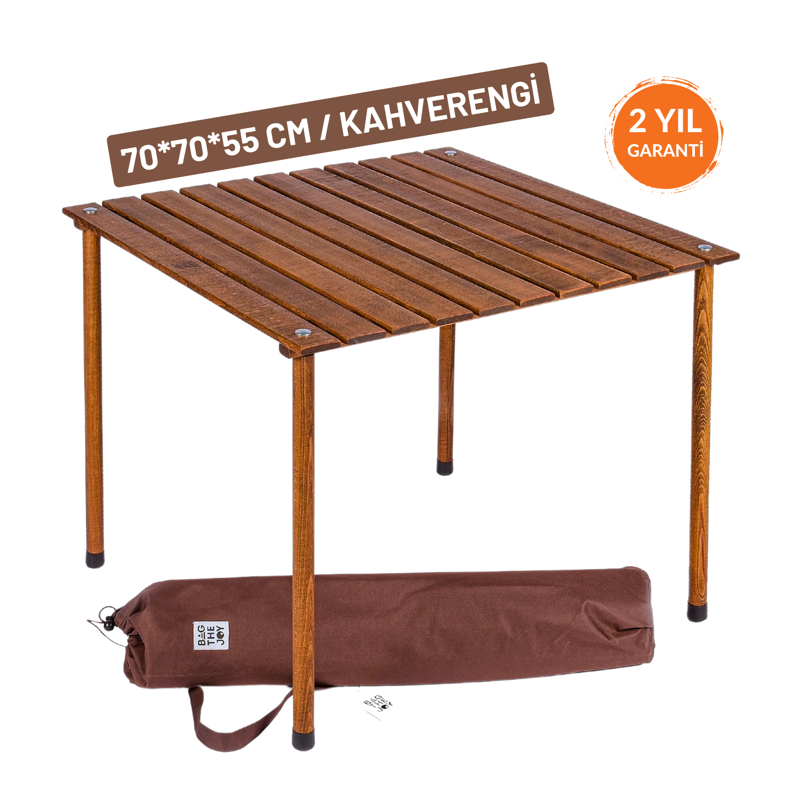 Kahverengi taşıma çantalı ahşap kamp masası. 2 yıl garantilidir. Boyutlar: 70x70x55 cm.