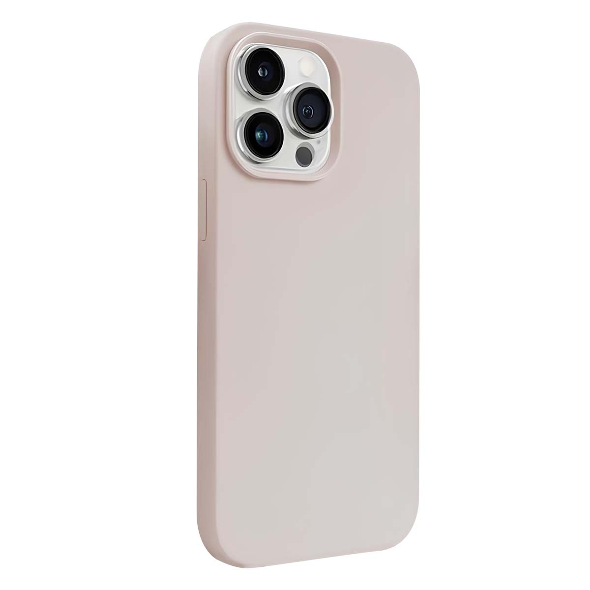 Una custodia per telefono rosa chiaro con tre lenti della fotocamera. La custodia è liscia e ha bordi arrotondati. Lo sfondo è bianco.