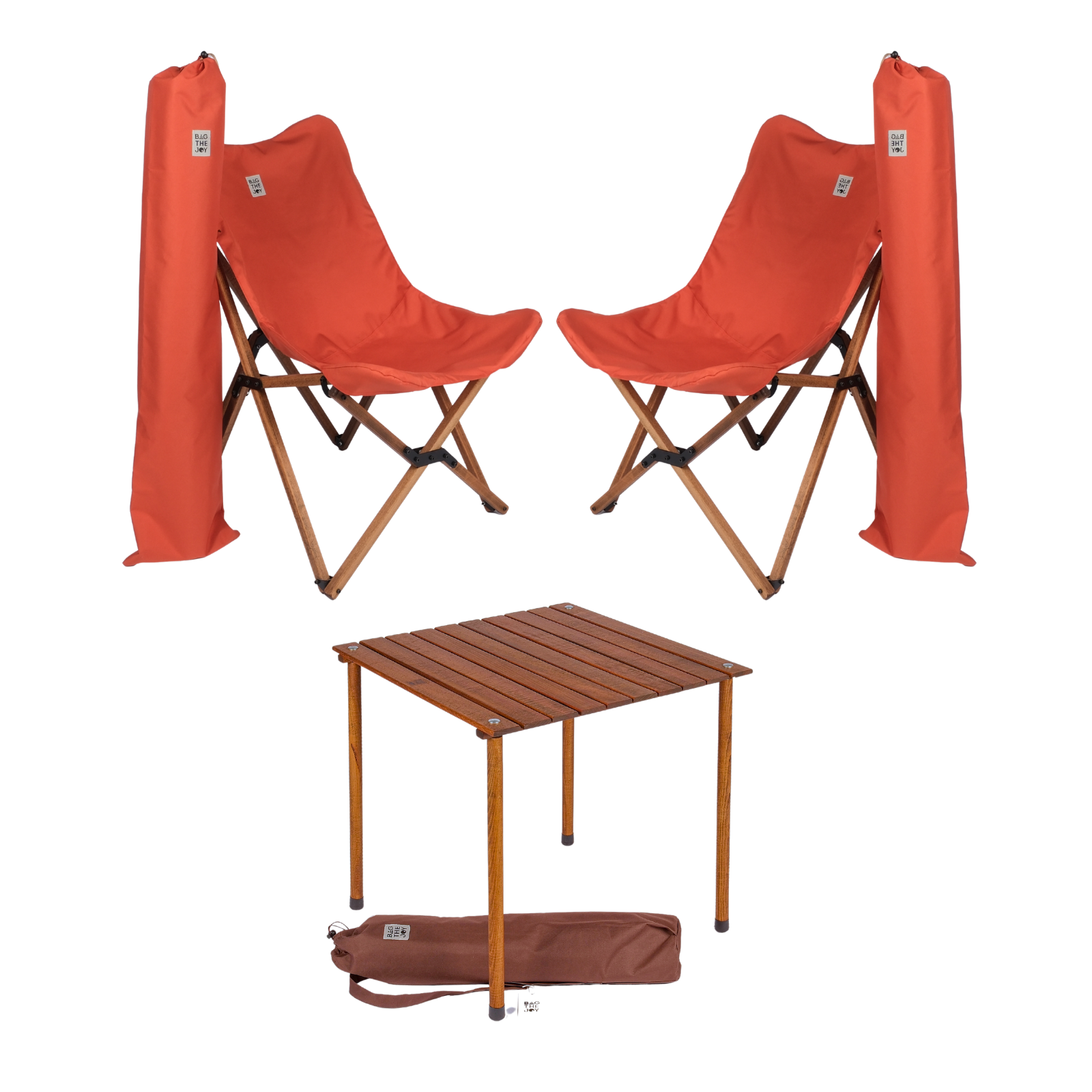 BAG THE JOY Ahşap 60x60x55 Kahverengi Katlanır Çantalı Kamp Masa Sandalye Seti Kiremit