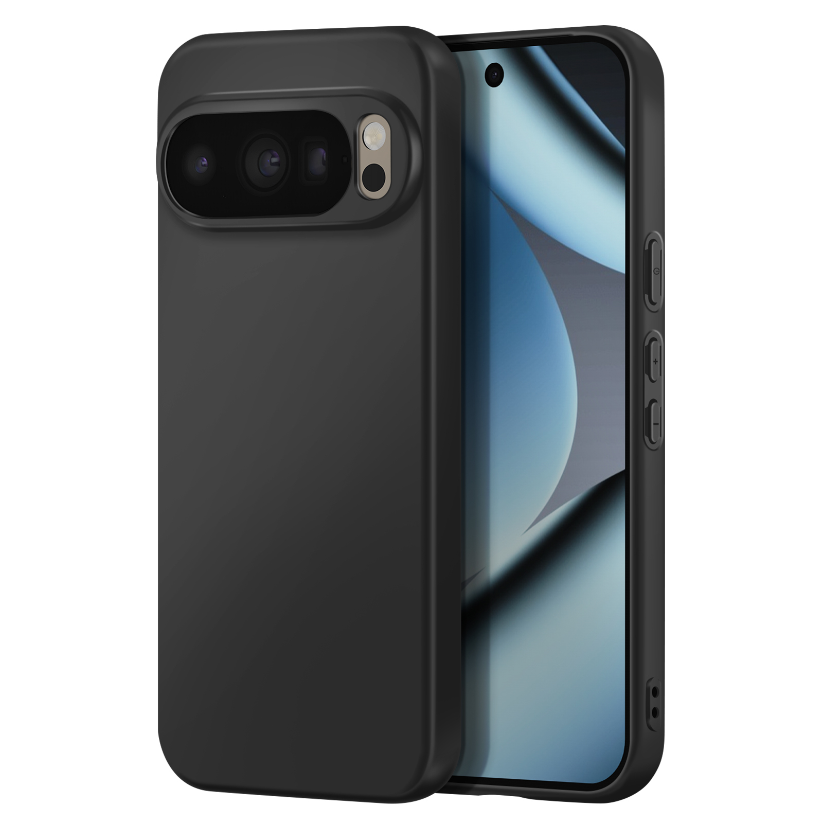 Een zwarte telefoon met hoesje, cameralenzen en een scherm met blauw verloop. Knoppen zijn zichtbaar.
