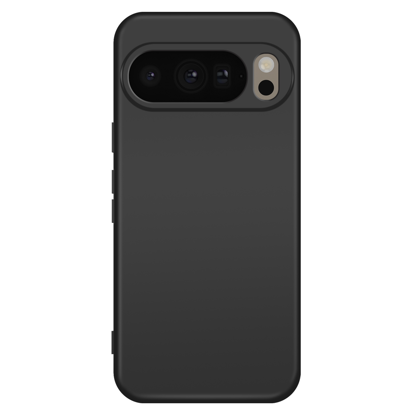 Een zwarte telefoonhoes met uitsparingen voor de camera. De hoes is rechthoekig en heeft zijknoppen.