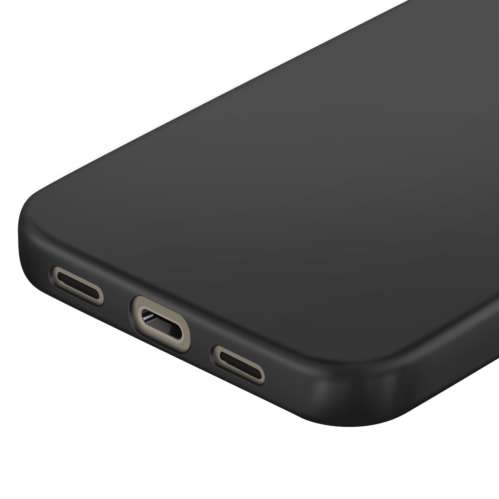 Close-up van een zwarte telefoonhoes. Toont de onderkant met oplaad- en luidsprekerpoorten op een witte achtergrond.