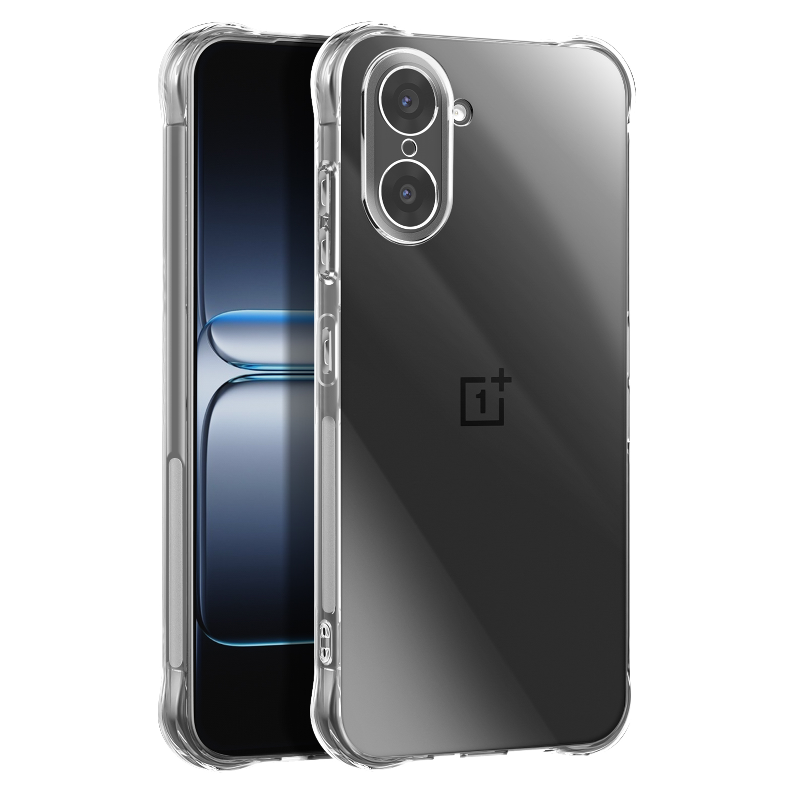 Una custodia trasparente protegge uno smartphone. La custodia ha un ritaglio per la fotocamera e il logo OnePlus. Lo sfondo è bianco.