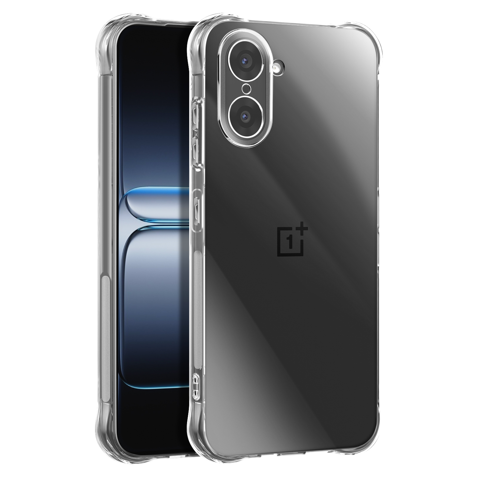 Una custodia trasparente per telefono su un telefono. La custodia ha angoli arrotondati e il telefono è nero.