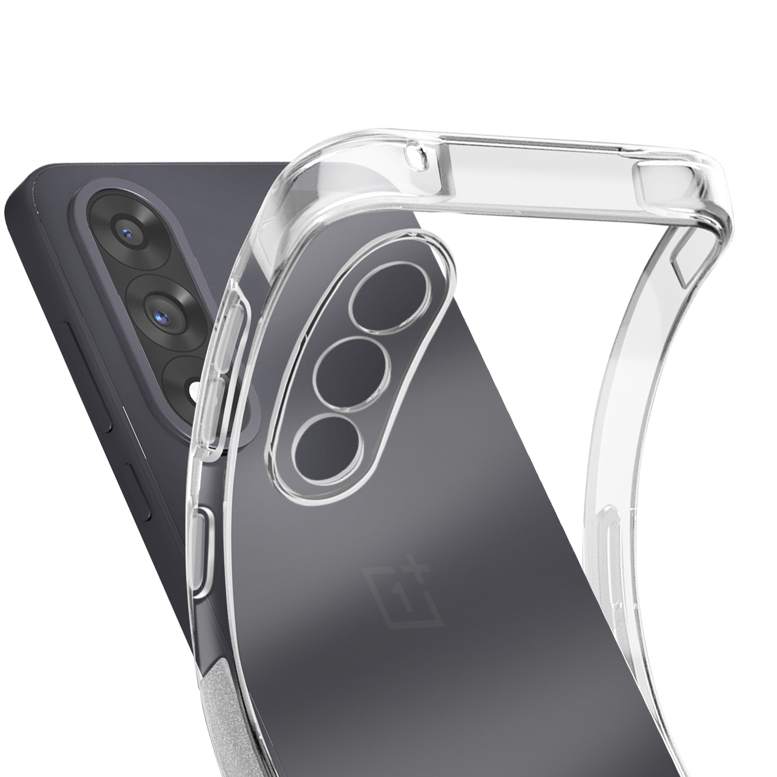 Una custodia trasparente per telefono sopra un telefono grigio scuro. La custodia è sagomata sul telefono, mostrando le lenti della fotocamera.