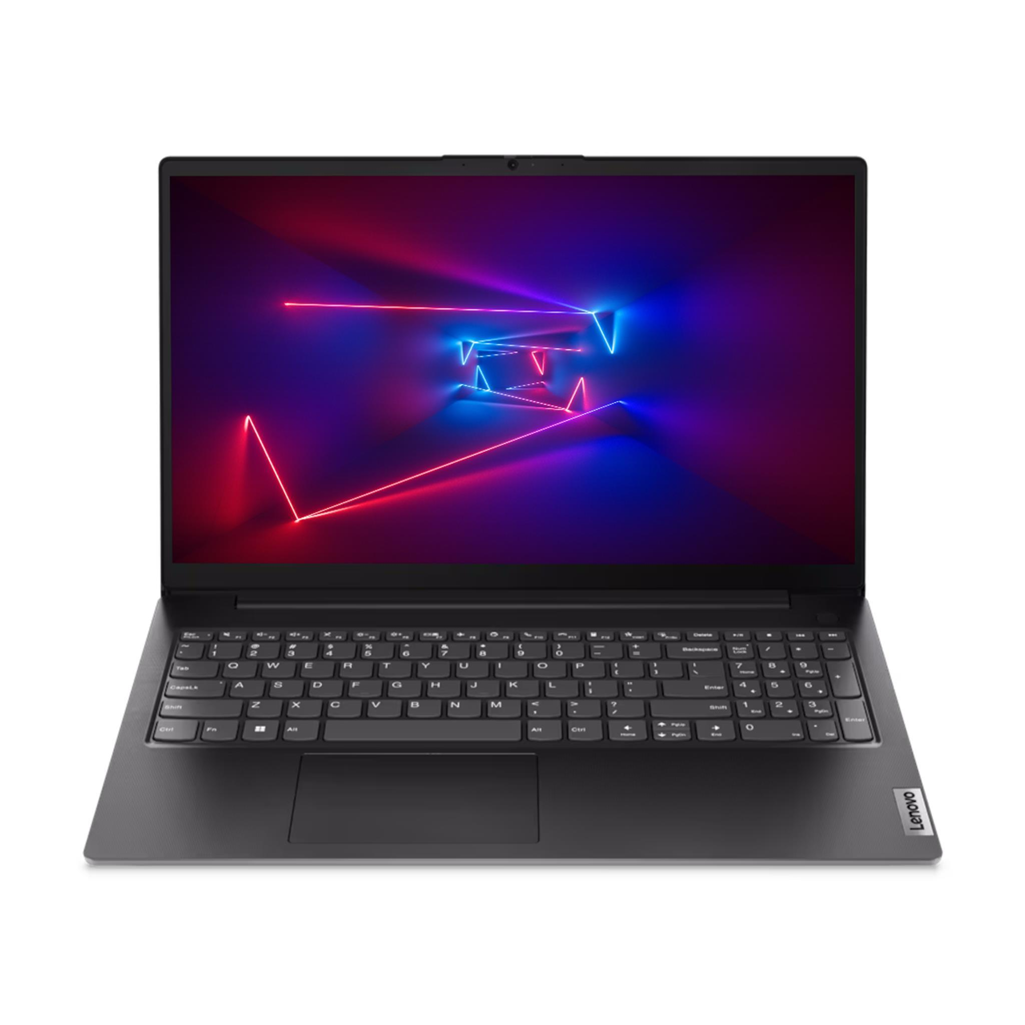 Ein grauer Lenovo-Laptop ist geöffnet. Das Display zeigt Neonlinien in Rot, Blau und Lila. Tastatur sichtbar, weißer Hintergrund.