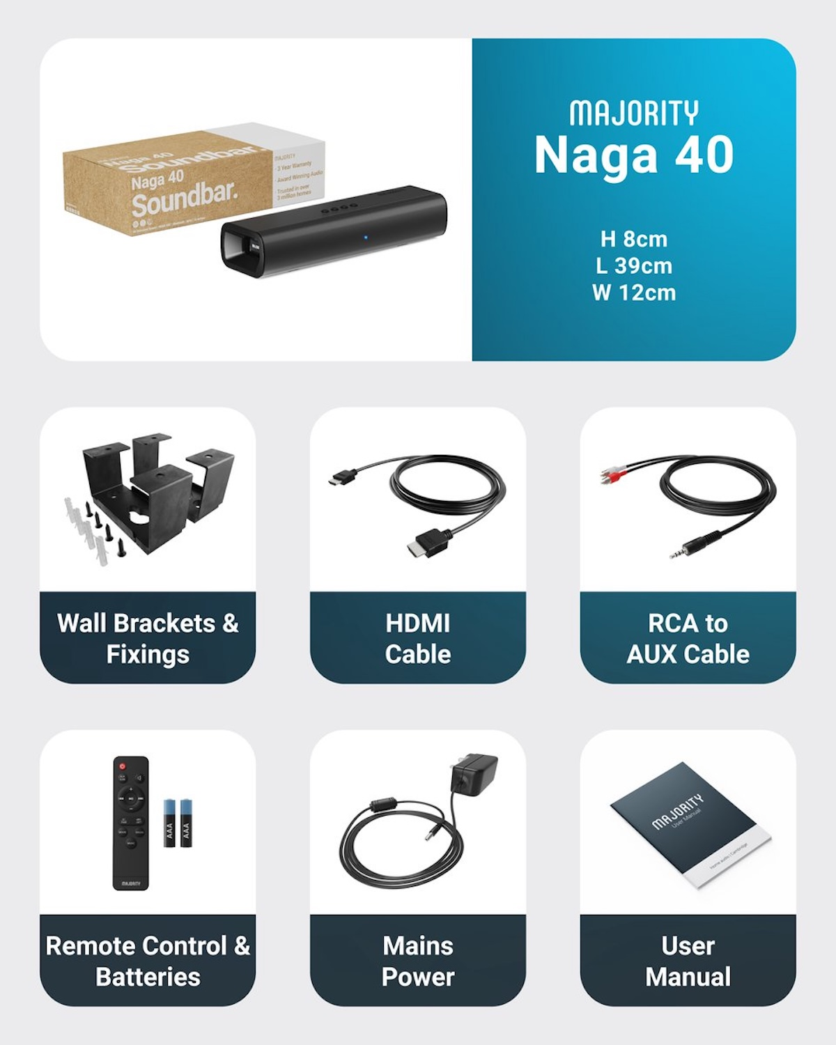 Product image with a soundbar, cables, remote, wall brackets, and user manual. Text indicates product details.