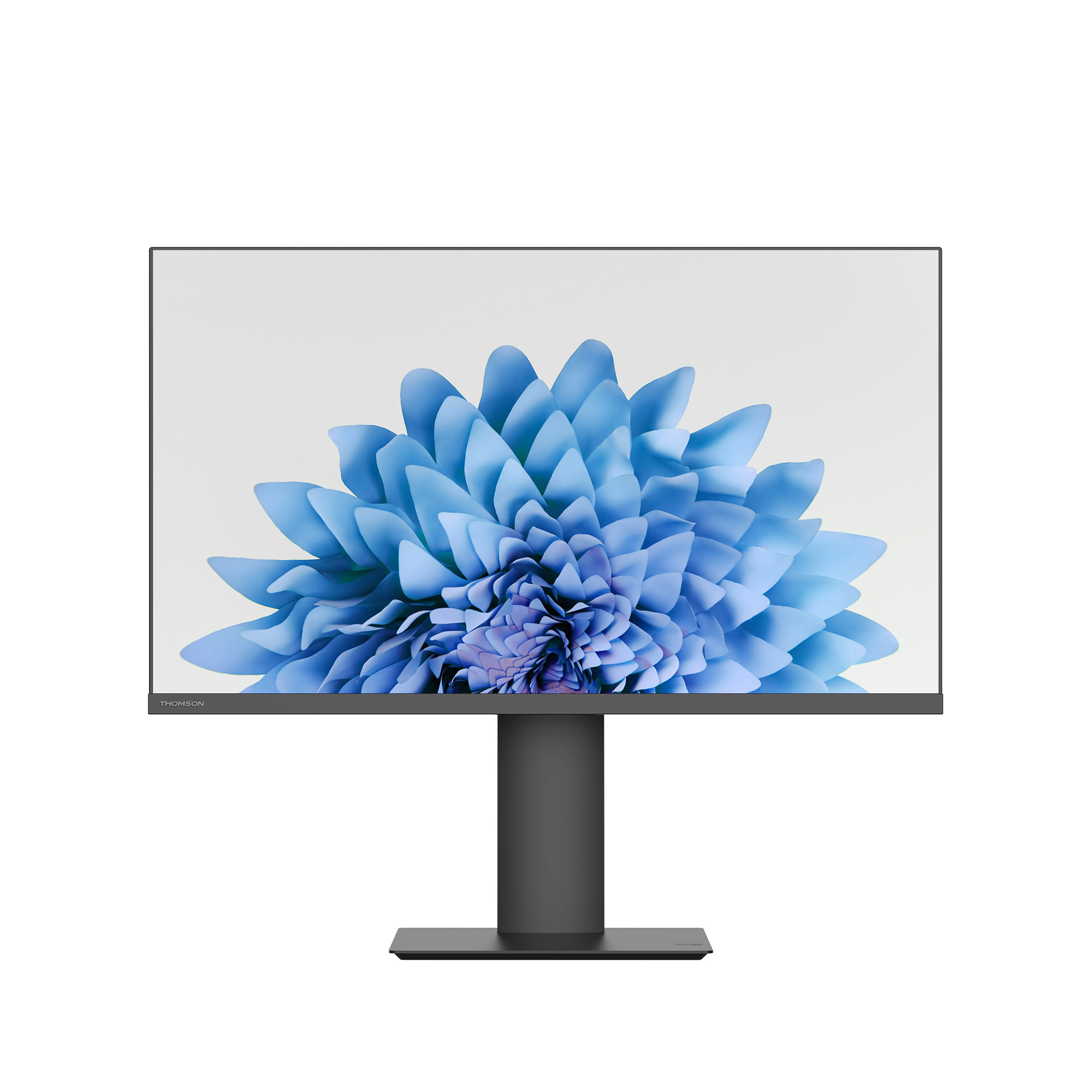 Ein Computermonitor zeigt eine blaue Blume. Der Monitor ist schwarz, mit einem schwarzen Ständer. Der Hintergrund ist weiß.