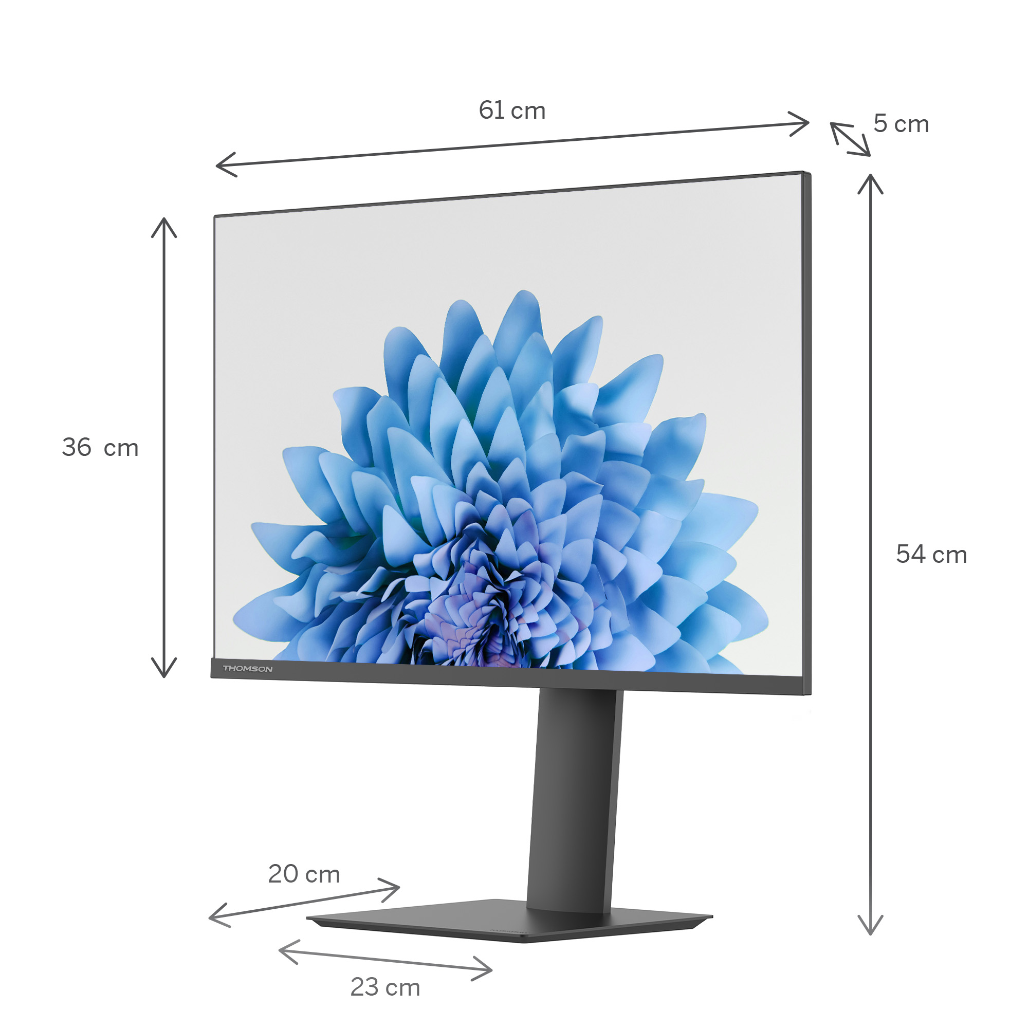 Ein Monitor mit blauem Blumenbild, mit Abmessungen und Markenbezeichnung. Es steht auf einem grauen Ständer.