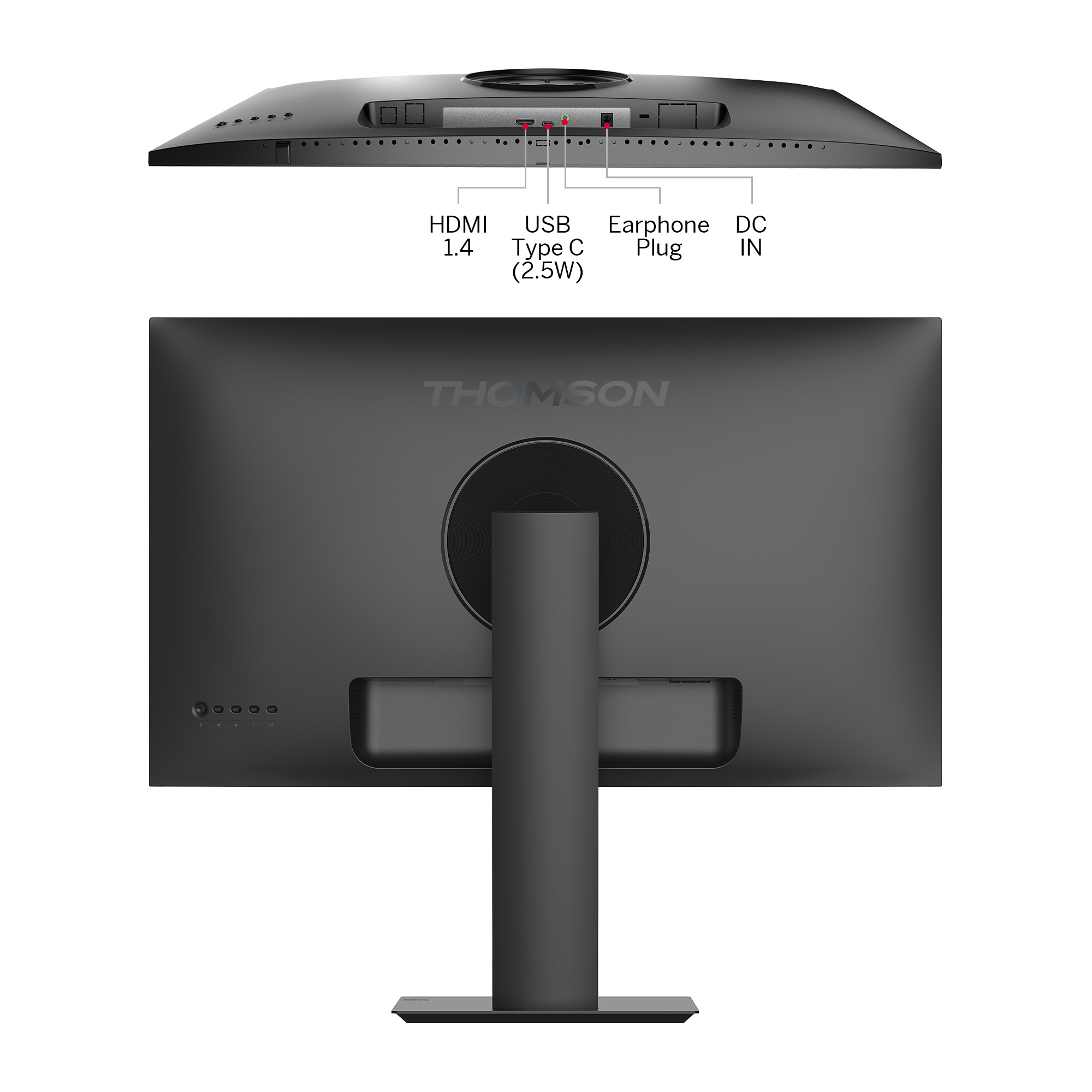 Ein schwarzer Thomson-Monitor mit Anschlüssen: HDMI, USB-C, Kopfhörer und DC IN. Auch der Ständer ist schwarz.