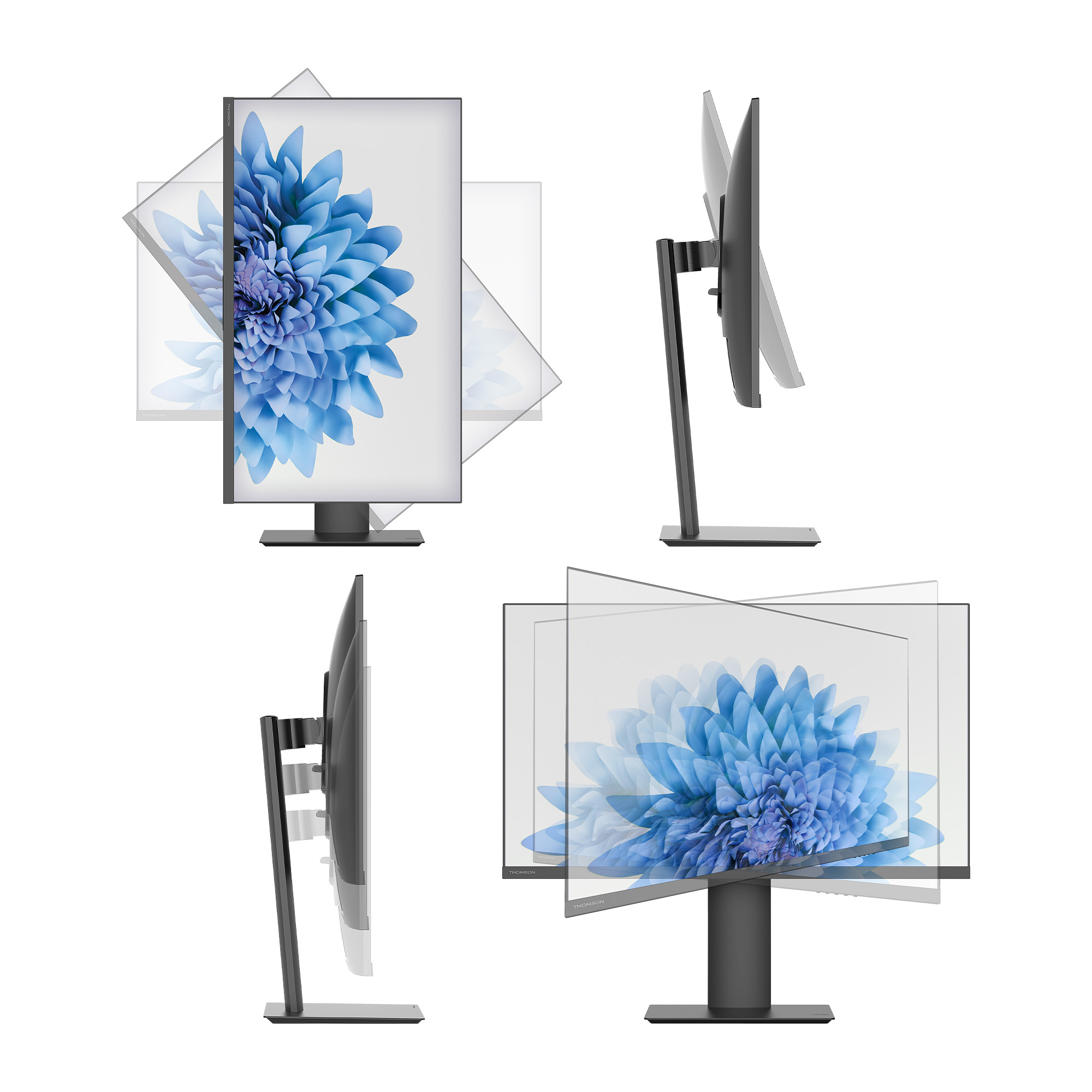 Vier Ansichten eines Monitors mit einer blauen Blume auf dem Bildschirm. Der Monitor ist schwarz und kann gekippt und gedreht werden.
