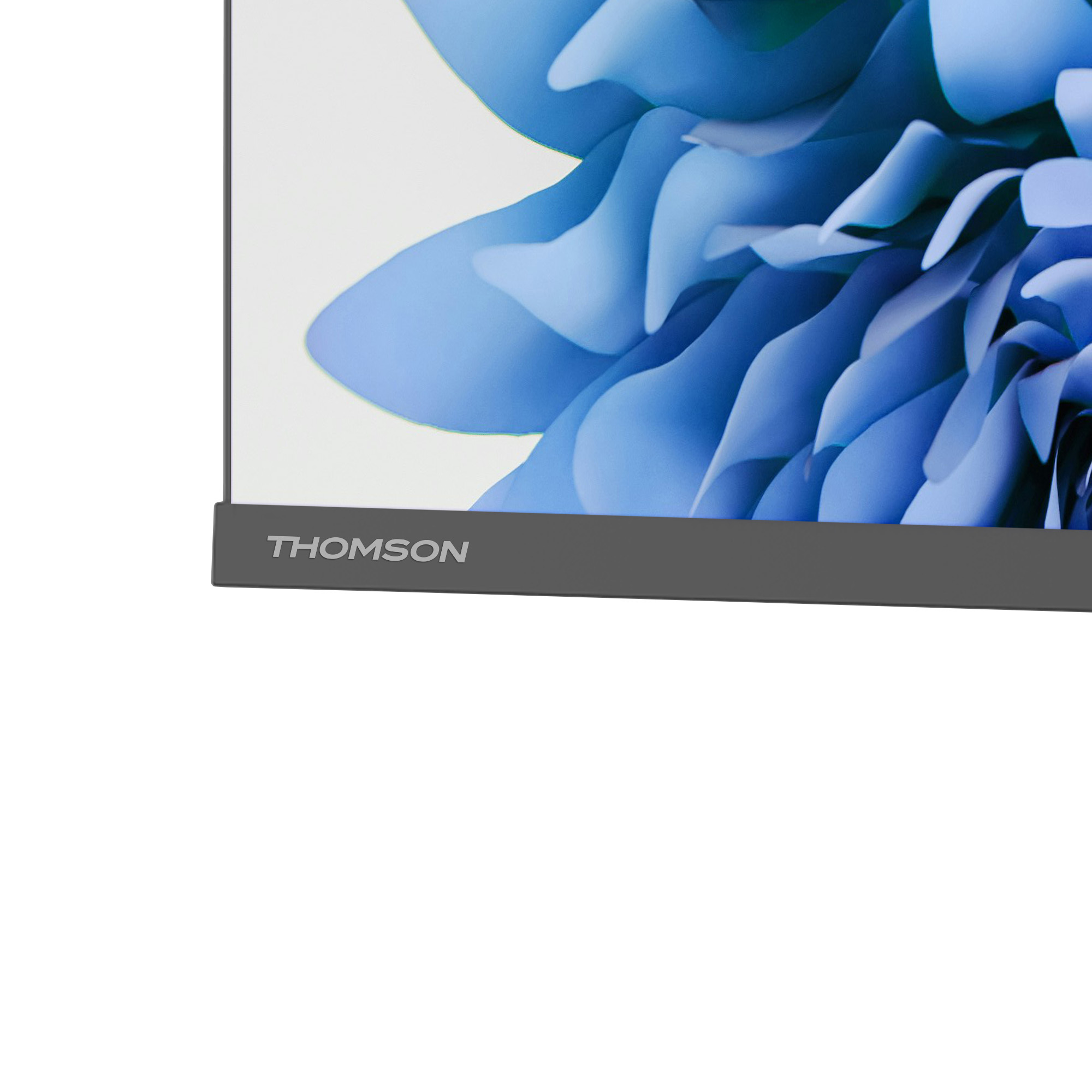 Ein Computerbildschirm zeigt blaue und weiße abstrakte Formen. Der Markenname THOMSON steht unten auf dem Bildschirm.