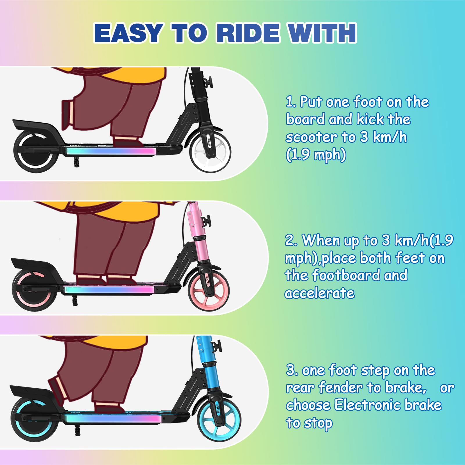 Illustration montrant les étapes pour faire du scooter : donner un coup de pied, placer les pieds, freiner. Les scooters sont noirs, roses et bleus. Jambes visibles.