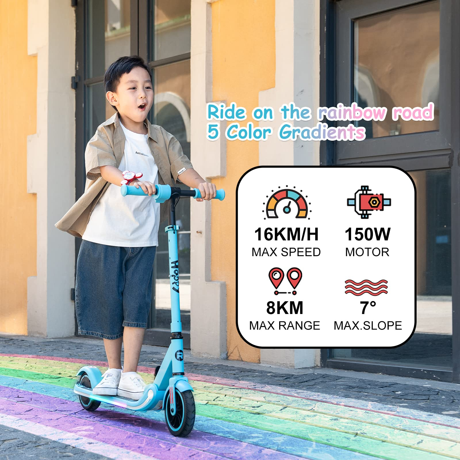 A boy rides a blue scooter on a rainbow road. Information panel: speed, motor, range and slope. Text: Ride on the rainbow road.