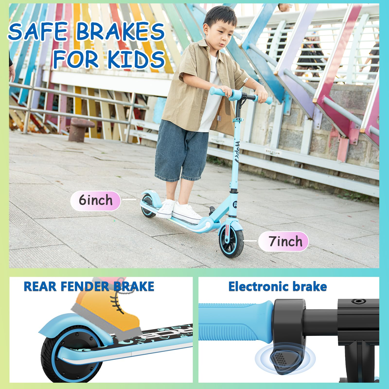 A boy rides a light blue scooter. Text displays 'Safe Brakes For Kids'. Details include 6 and 7 inch wheels, with brake descriptions.