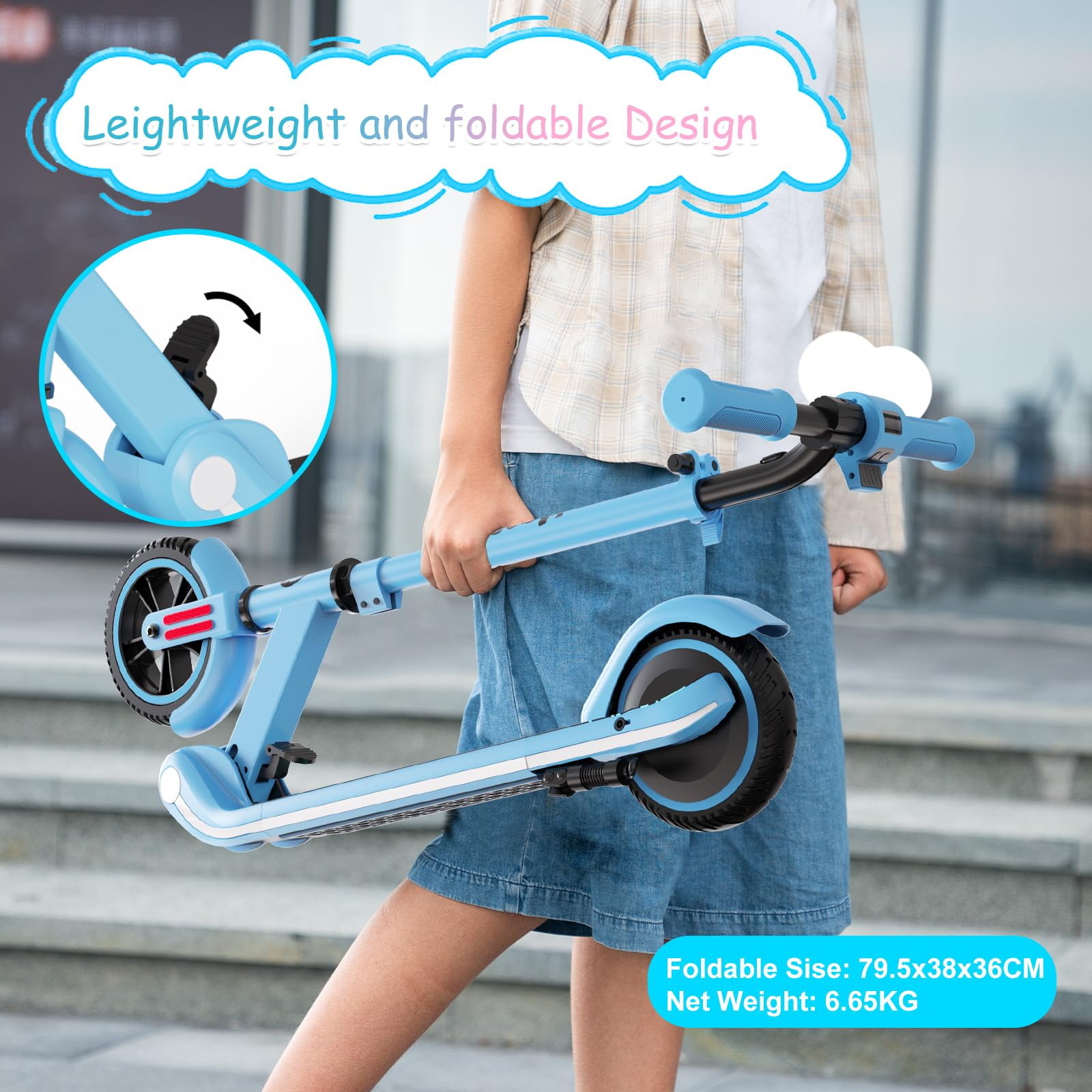 A person holds a blue scooter. The scooter is folded and has black wheels. Text says lightweight and foldable design.