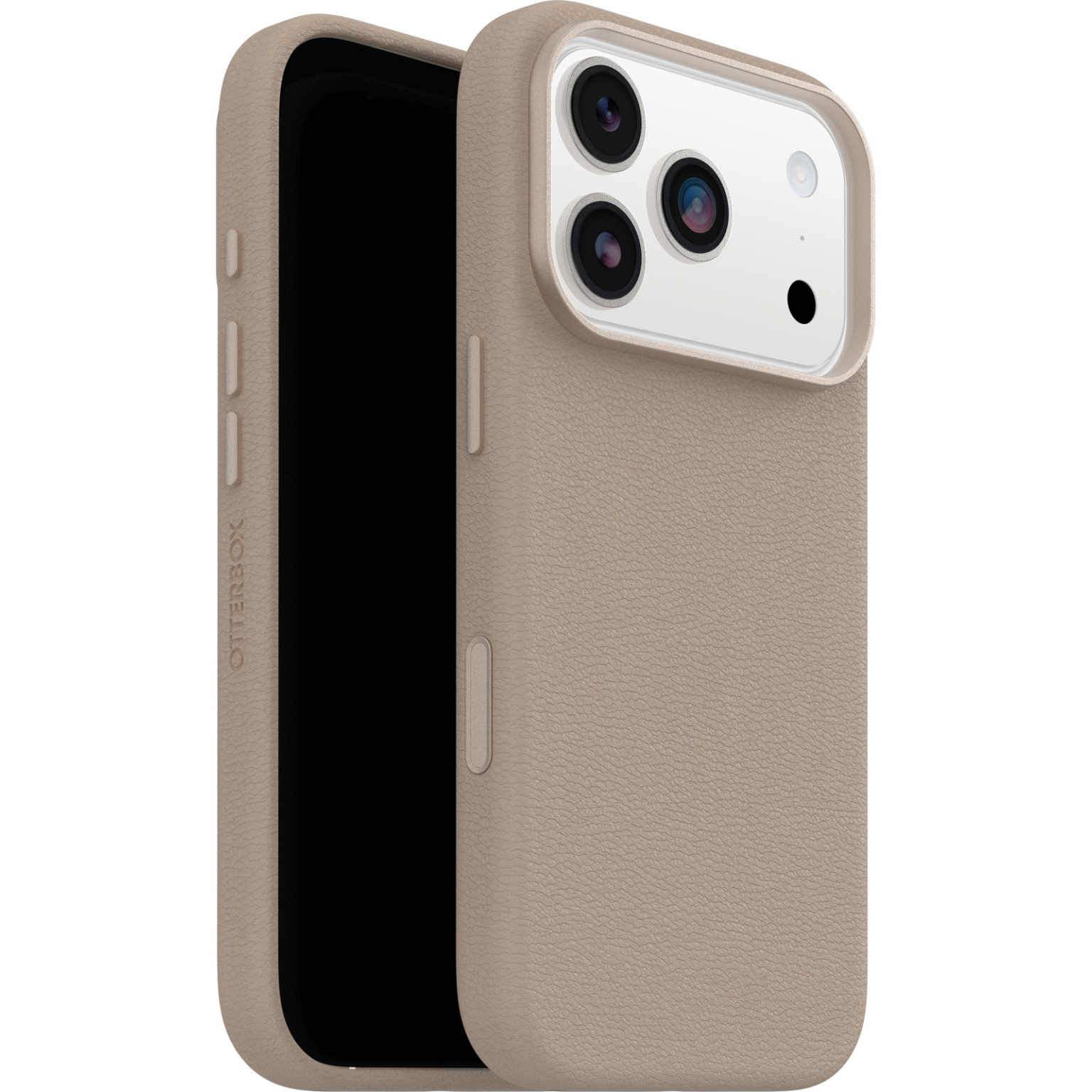 Een beige telefoonhoesje, met een telefoon erin. De hoes heeft een textuuroppervlak en beschermt de cameralenzen van de telefoon.