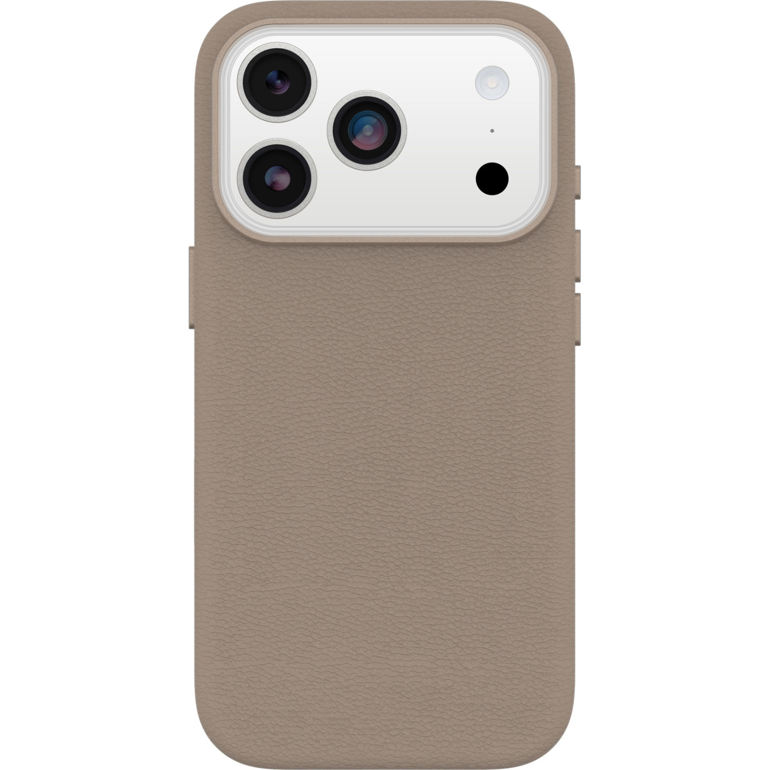 Een close-up van een smartphone in een taupe leren hoesje. De hoes heeft een textuur. De telefoon heeft meerdere cameralenzen.