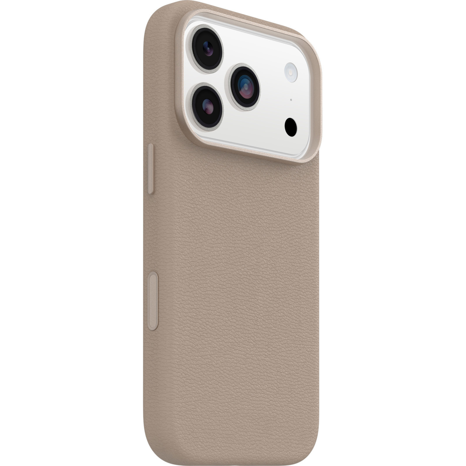 Een lichtbruine iPhone-hoes met drie cameralenzen. De hoes heeft een textuur en een neutrale kleur, tegen een witte achtergrond.