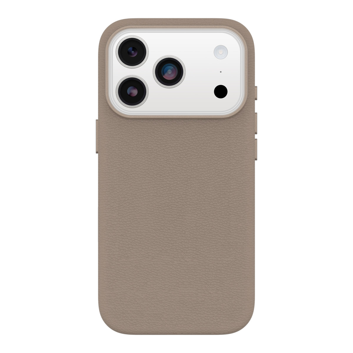Een taupekleurige telefoonhoes met drie cameralenzen en een flitser. De hoes heeft een gestructureerd oppervlak.