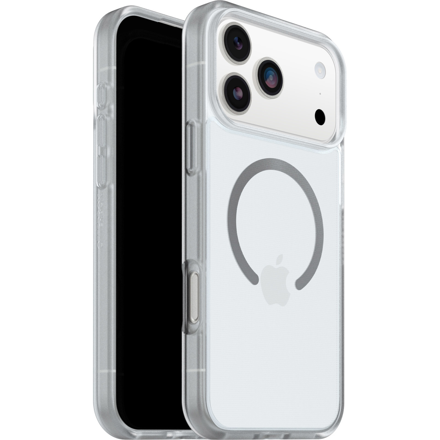 Coque transparente pour iPhone. La coque est transparente et possède un anneau magnétique gris. Le téléphone affiche les caméras et le logo Apple.