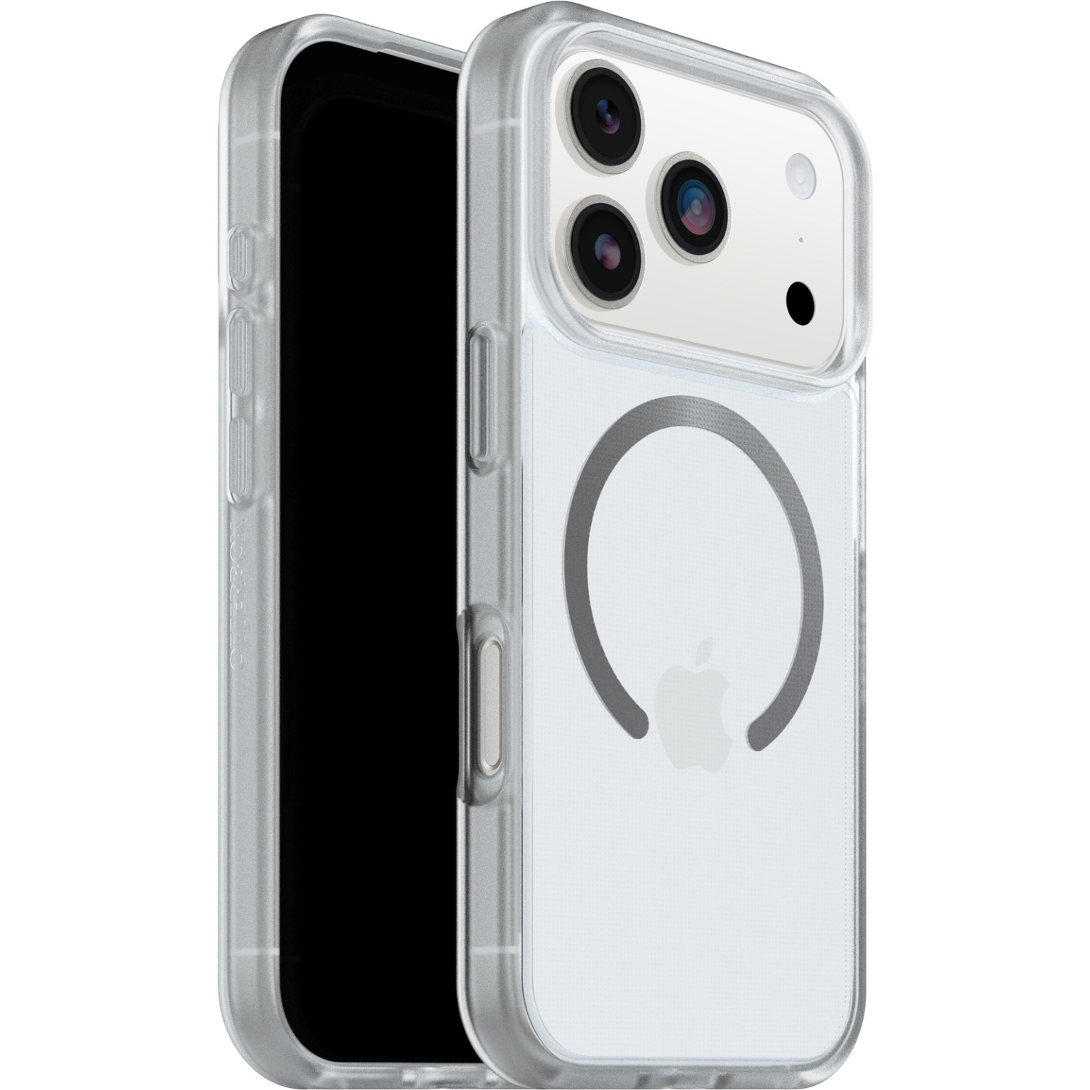 Een doorzichtige telefoonhoes met een iPhone erin. De hoes heeft een grijze magnetische ring en een Apple-logo. Telefooncamera's zichtbaar.