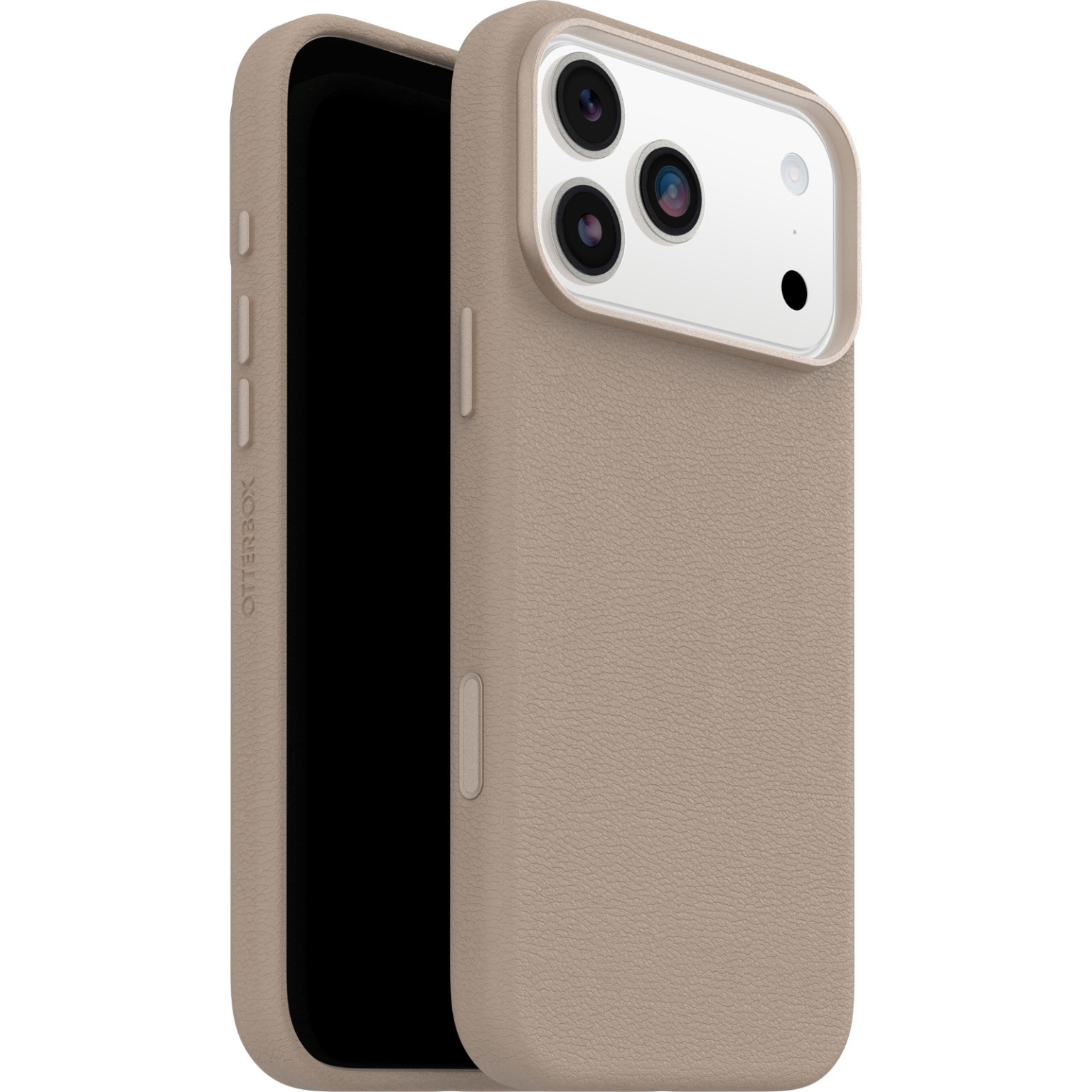 Een bruin telefoonhoesje met een zwart scherm, met de cameralens en het Otterbox-merk aan de zijkant.