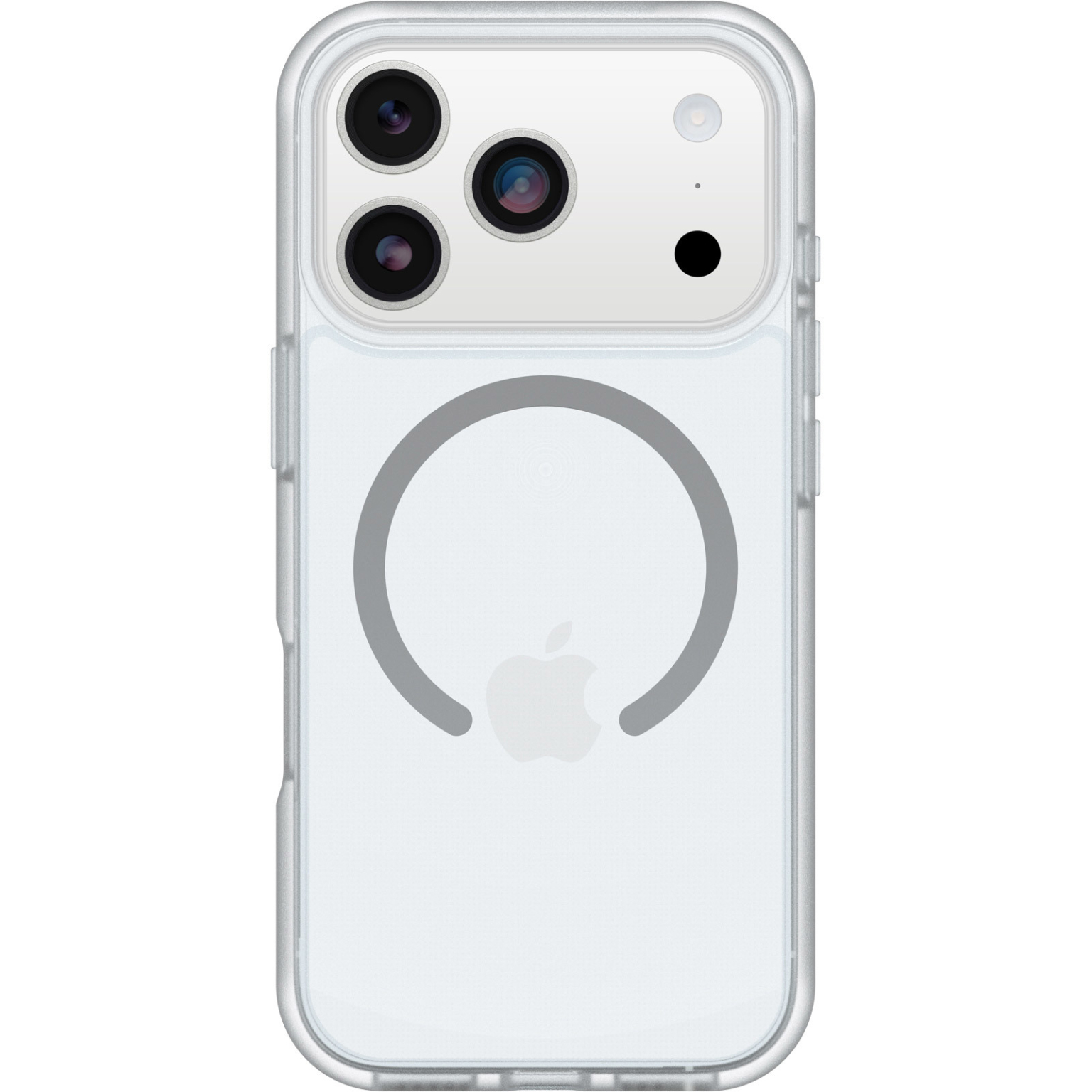 Transparante telefoonhoes met zichtbare cameralenzen, een grijze cirkelvormige magneet en het Apple-logo. Witte achtergrond.