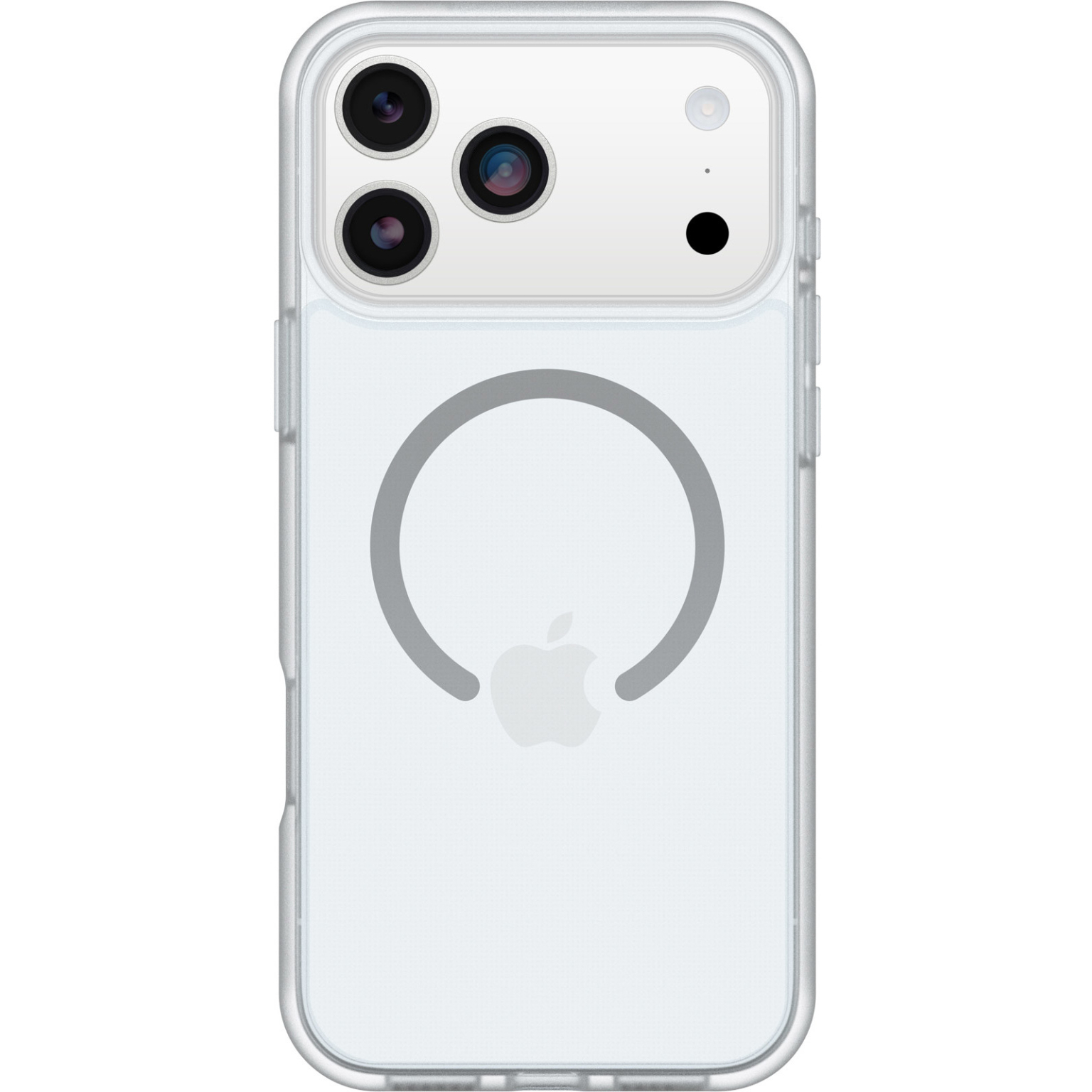 Coque de téléphone transparente avec trois objectifs et un logo Apple sur fond blanc. La coque a un design circulaire.